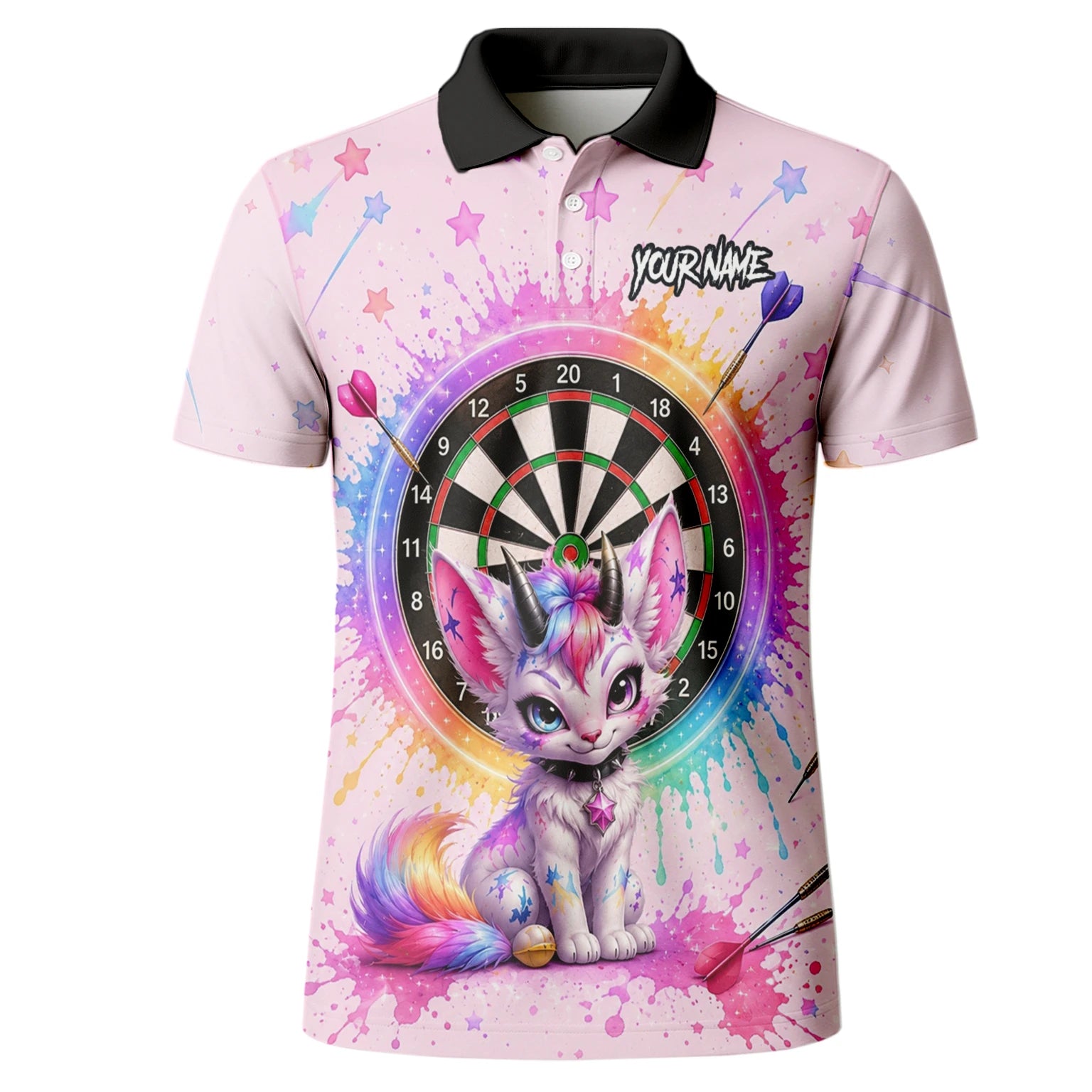 Personalisiertes Rosa Regenbogen Einhorn-Katzen-Dartshirt für Herren X398