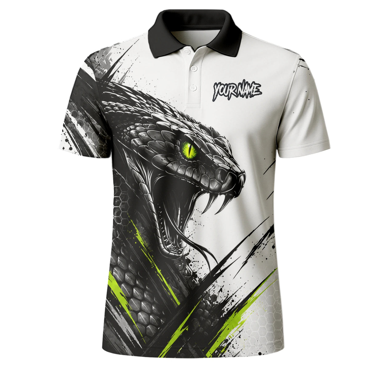 Personalisiertes Dartshirt mit weiß-schwarz-grüner Kobra für Herren I051