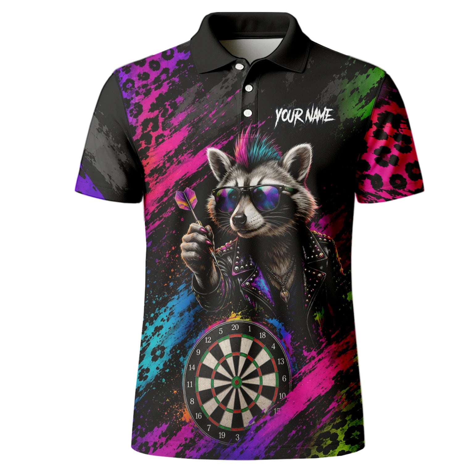 Personalisiertes Schwarz-buntes Punk-Waschbär-Dartboard Dartshirt für Herren E164