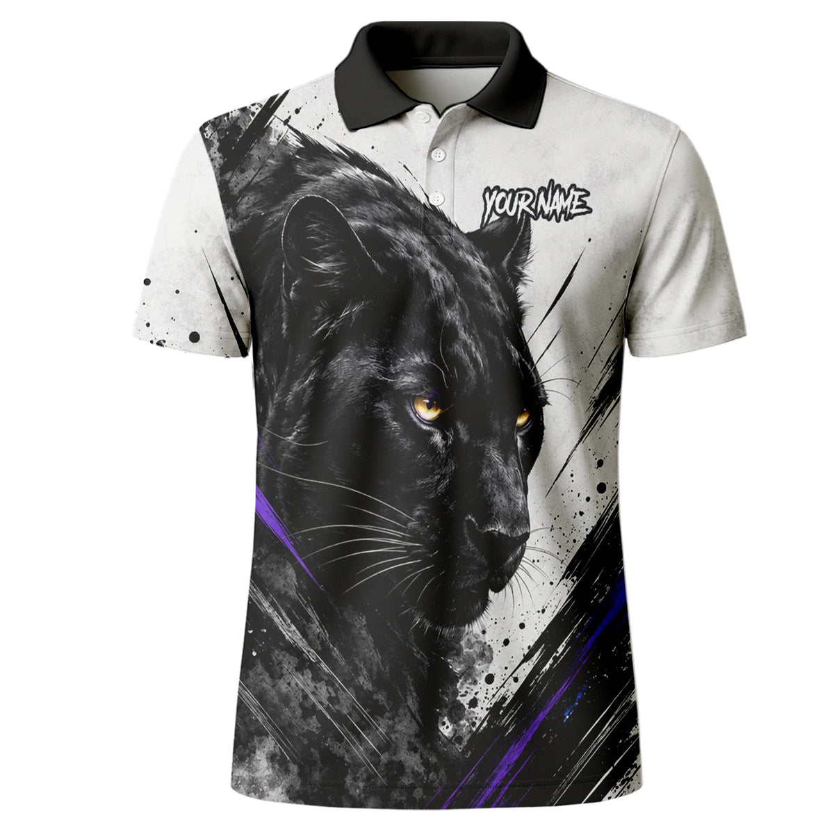 Personalisiertes Dartshirt mit weiß-schwarz-violettem Panther für Herren W442
