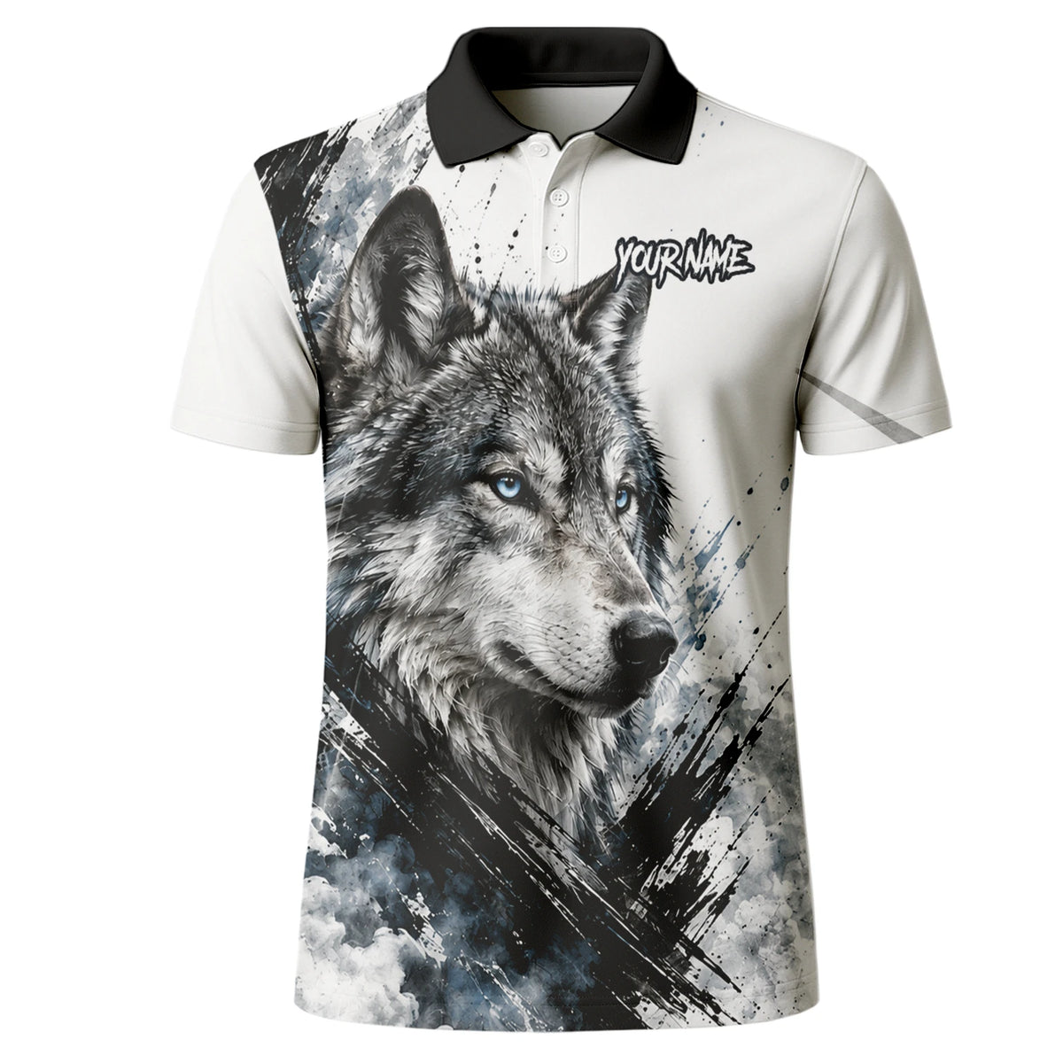 Personalisiertes Dartshirt mit weiß-schwarz-blauem Wolf für Herren P634