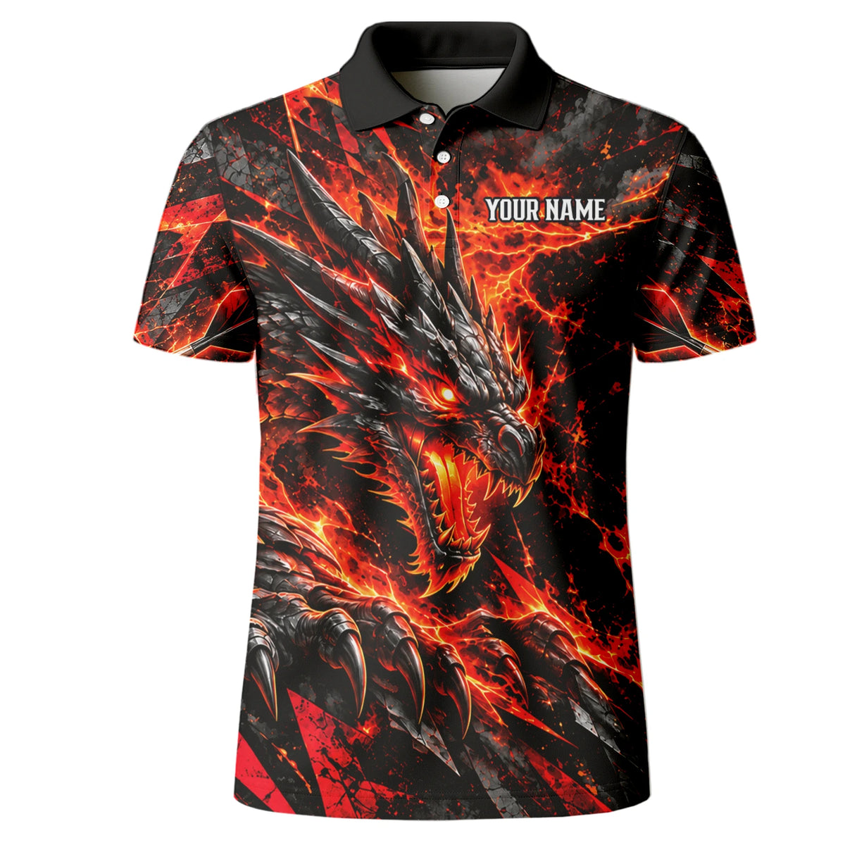Personalisiertes Dartshirt mit schwarz-rotem Feuerdrachen und Dartscheibe für Herren B0683