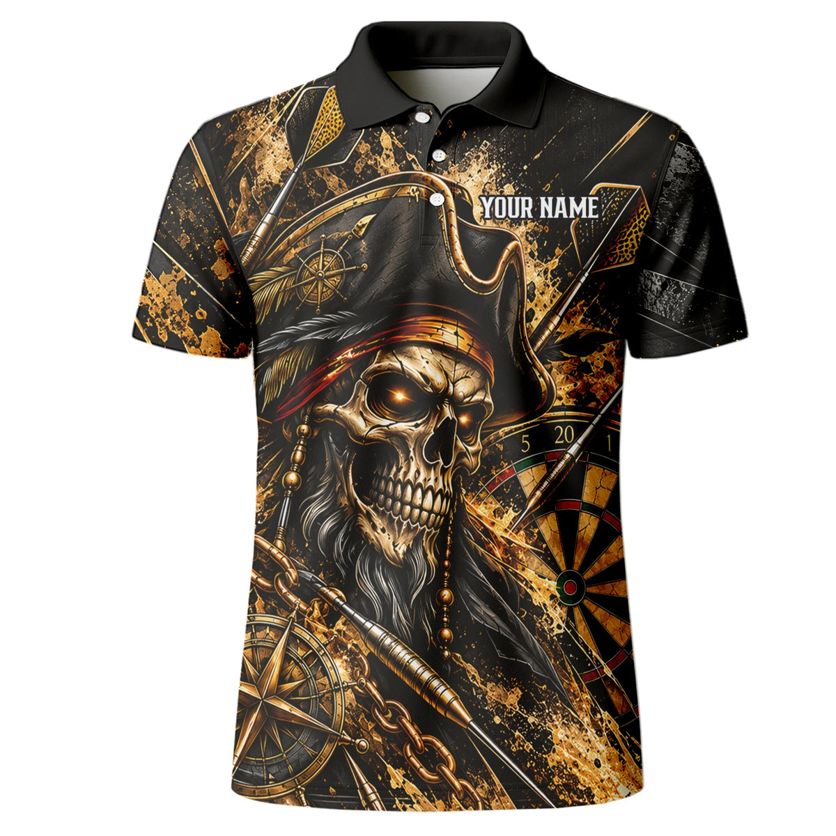 Personalisiertes Dartshirt in Schwarz und Gold mit Piraten-Totenkopf und Dartscheibe für Herren X7403