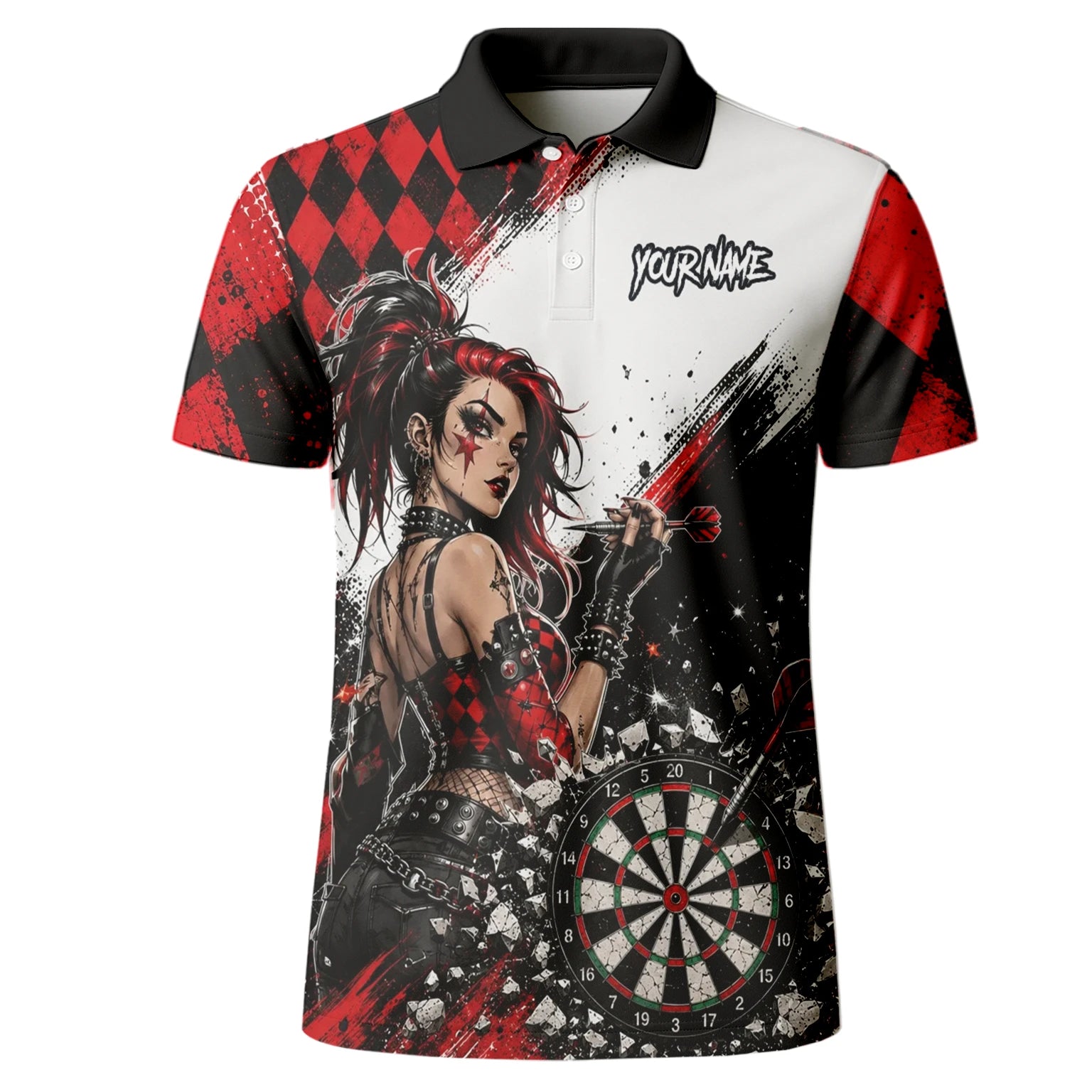 Personalisiertes Rot-schwarzes Gothic-Harlekin Dart Poloshirt für Herren K572