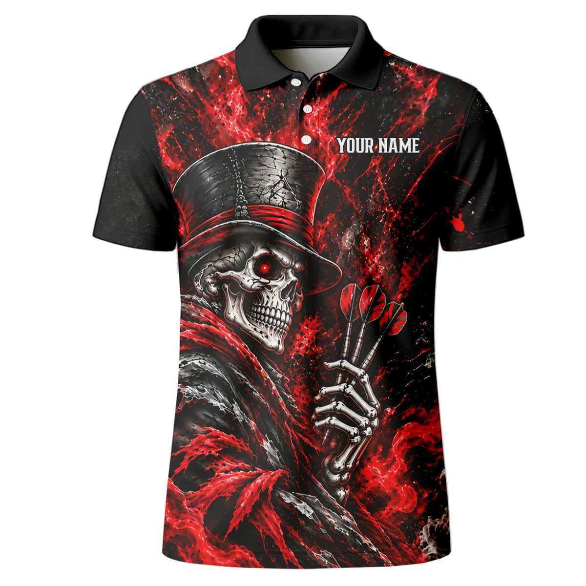 Personalisiertes Dartshirt in Schwarz und Rot mit Skelett, Zylinder, Dartpfeilen und Dartscheibe für Herren R5016