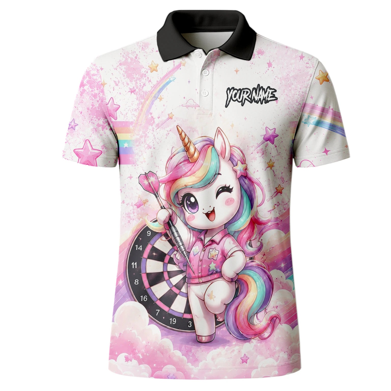 Personalisiertes Weiß-rosa Regenbogen-Einhorn-Dartshirt für Herren F188