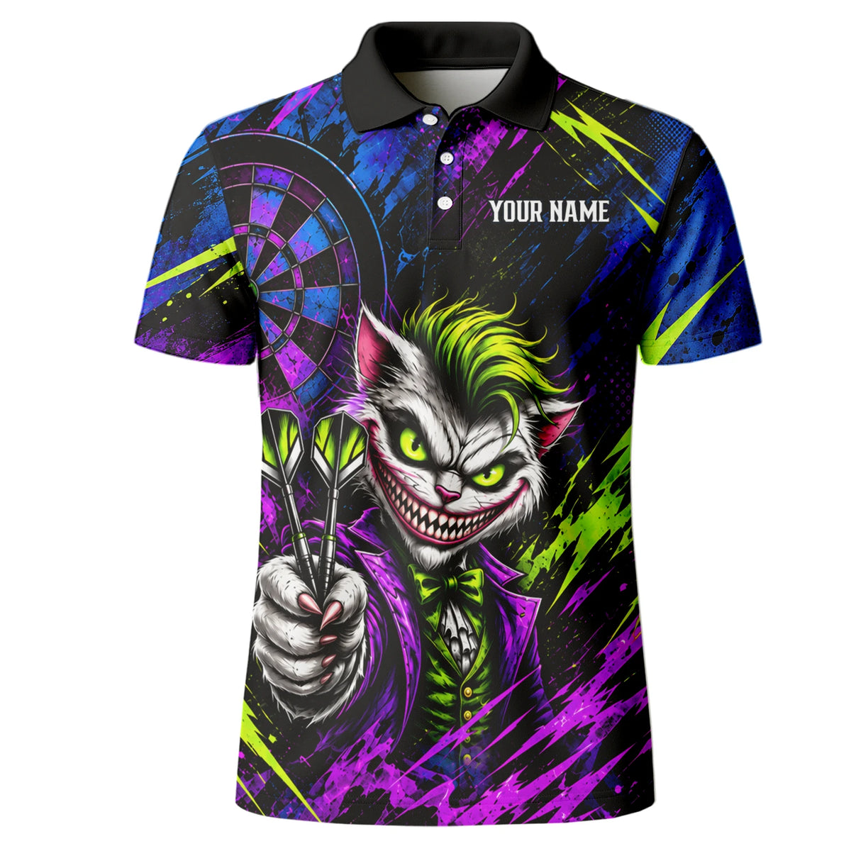 Personalisiertes Dartshirt in Schwarz, Grün und Lila mit grinsender Katze und Dartscheibe für Herren U0497