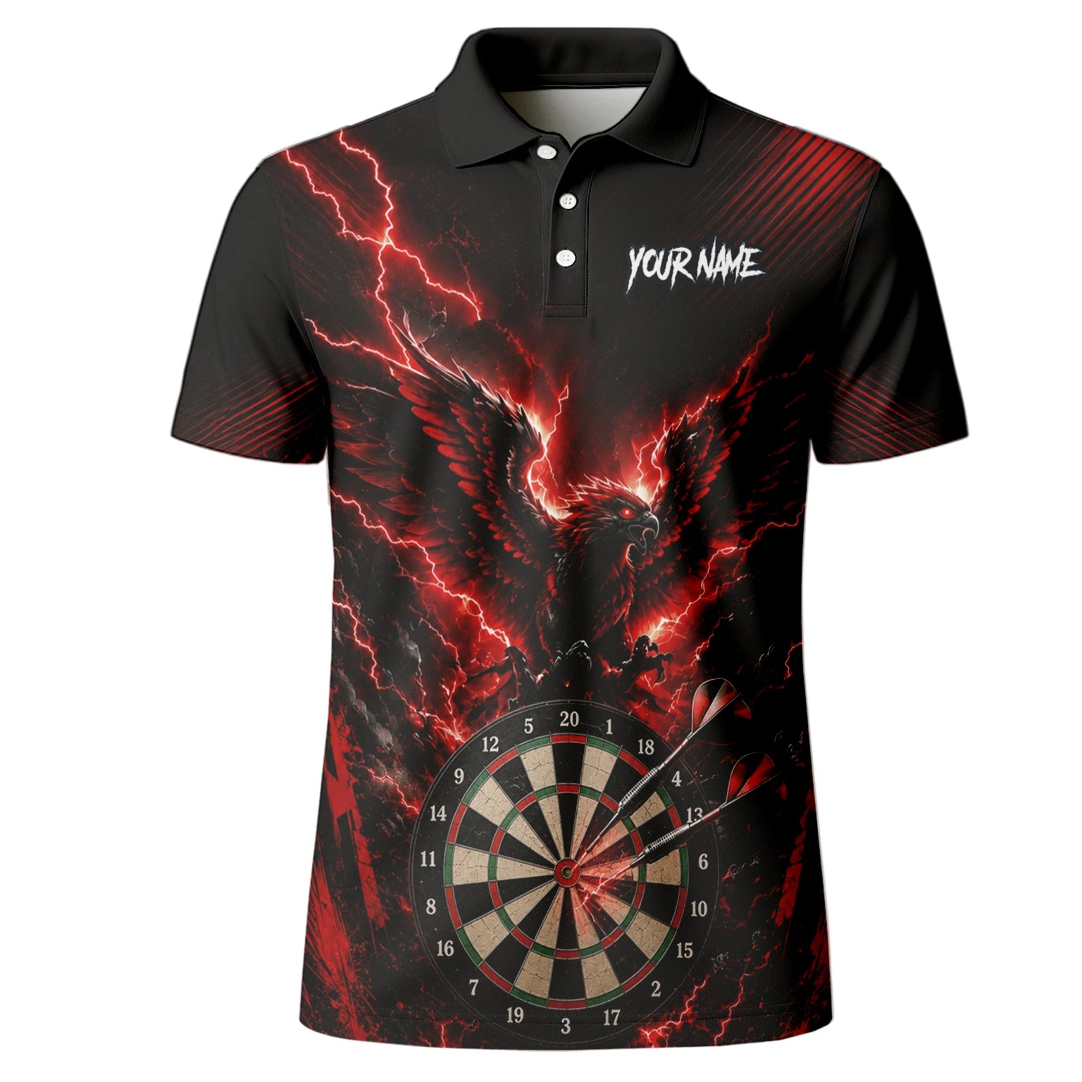 Personalisiertes Schwarz-rotes Phönix-Blitz-Dartboard Dartshirt für Herren J120
