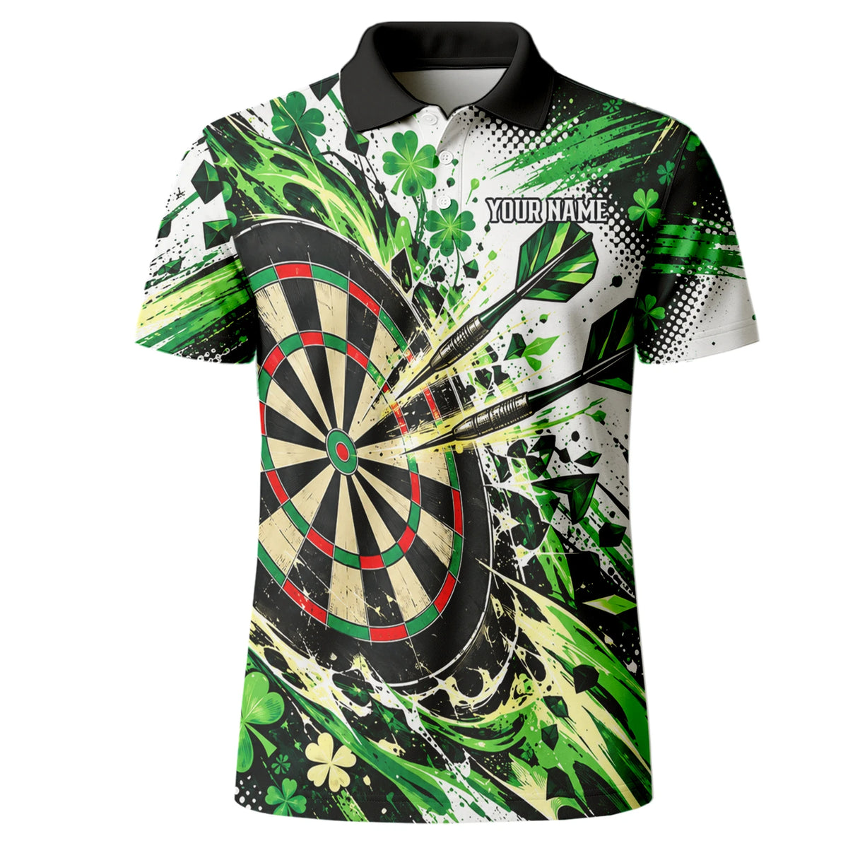 Personalisiertes Dartshirt in Grün, Schwarz und Weiß mit Kleeblättern und Dartscheibe für Herren J0950