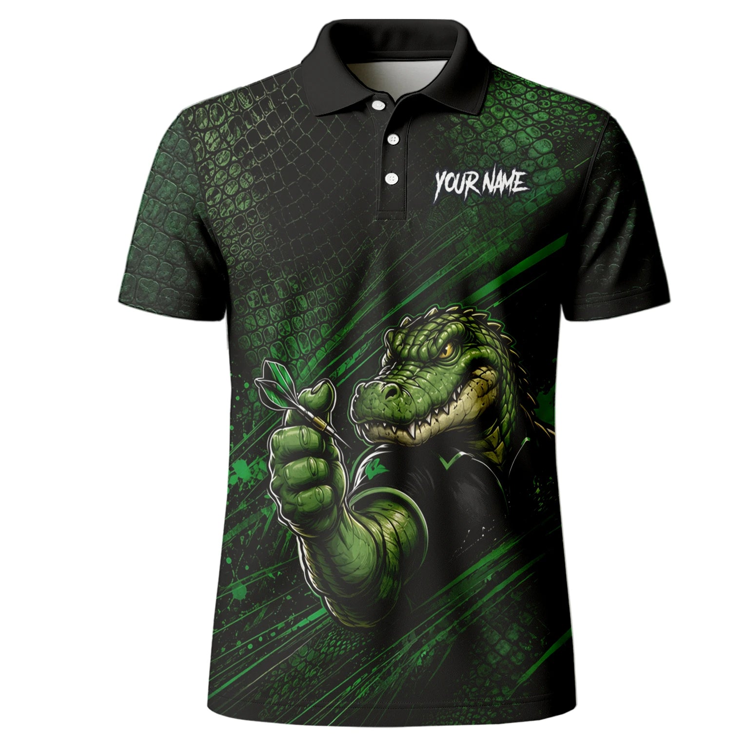 Personalisiertes Grün-schwarzes Alligator-Dartspieler-Dartshirt für Herren I987