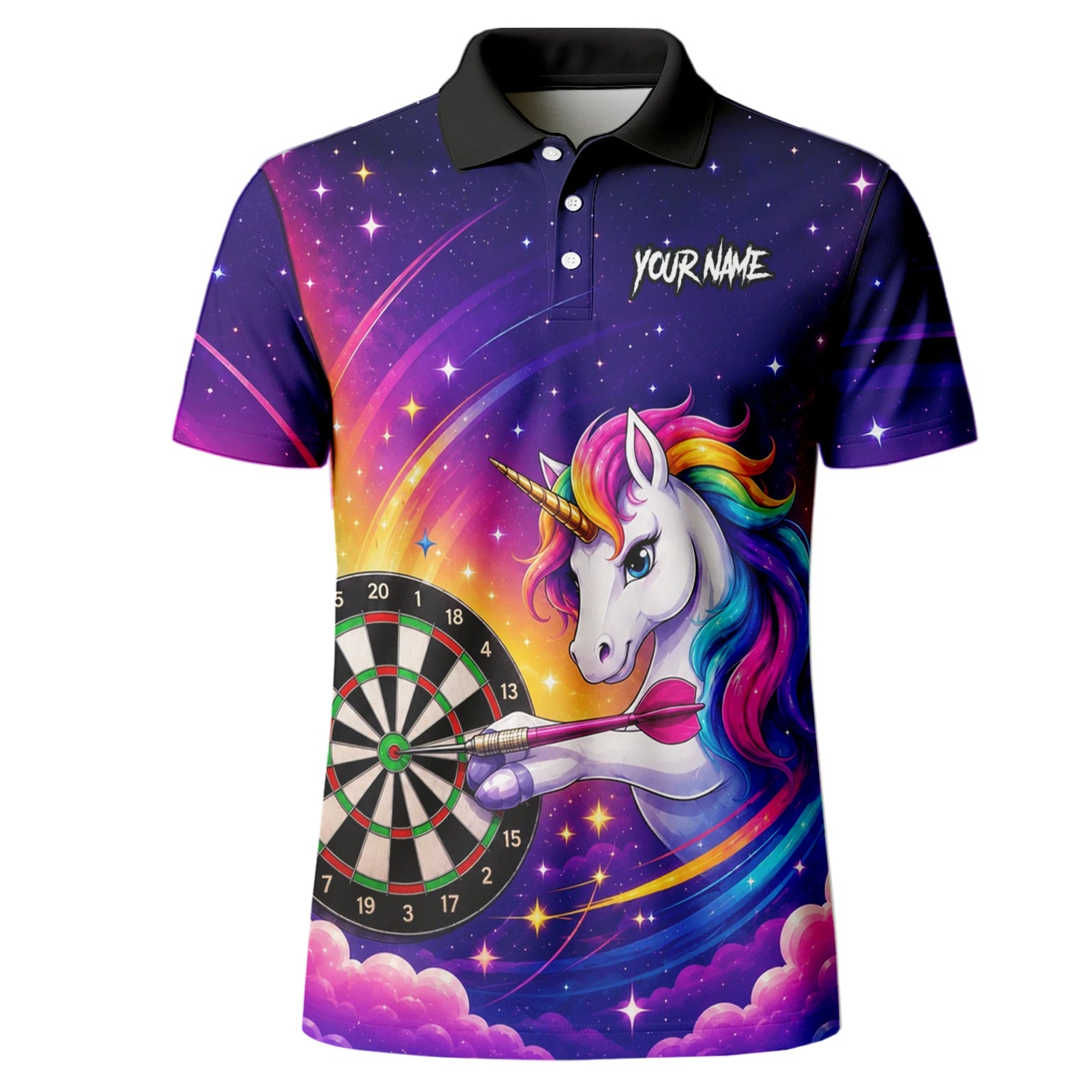 Personalisiertes Violettes Regenbogen-Einhorn-Dartshirt für Herren P431