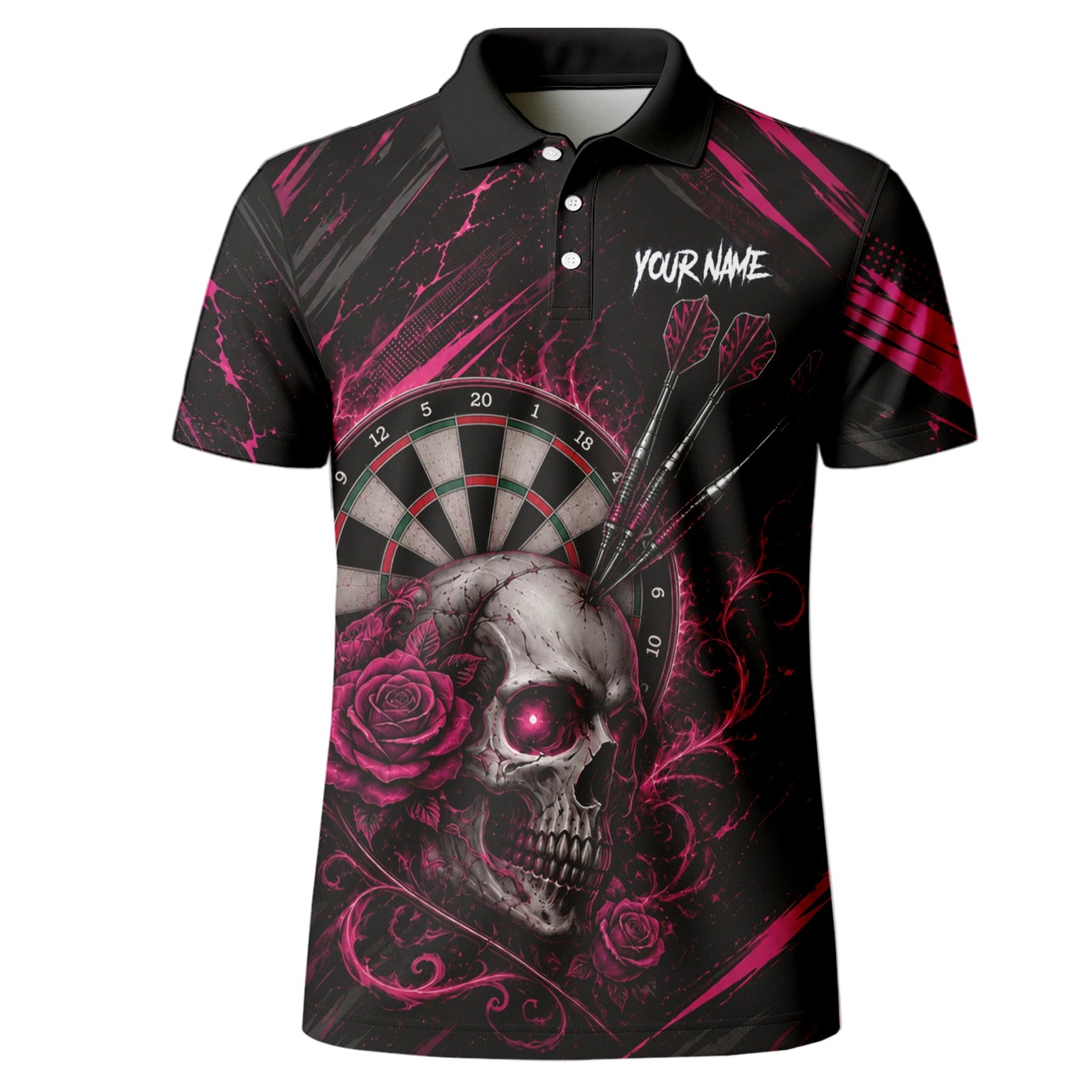 Personalisiertes Schwarz-pink Totenkopf-und-Rosen-Dartshirt für Herren V308