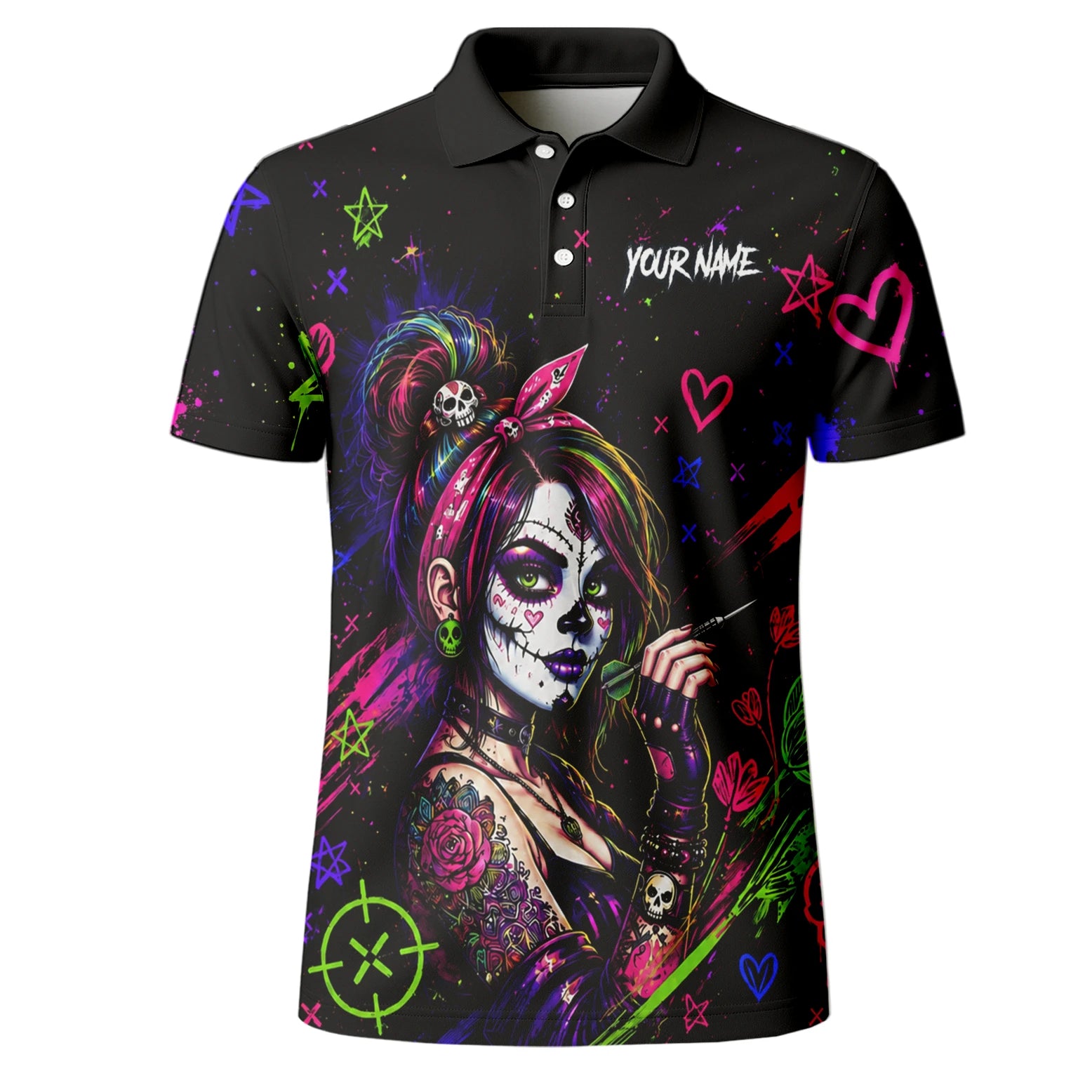 Personalisiertes Schwarz-neonfarbenes Sugar-Skull-Frauen-Dartshirt für Herren K745