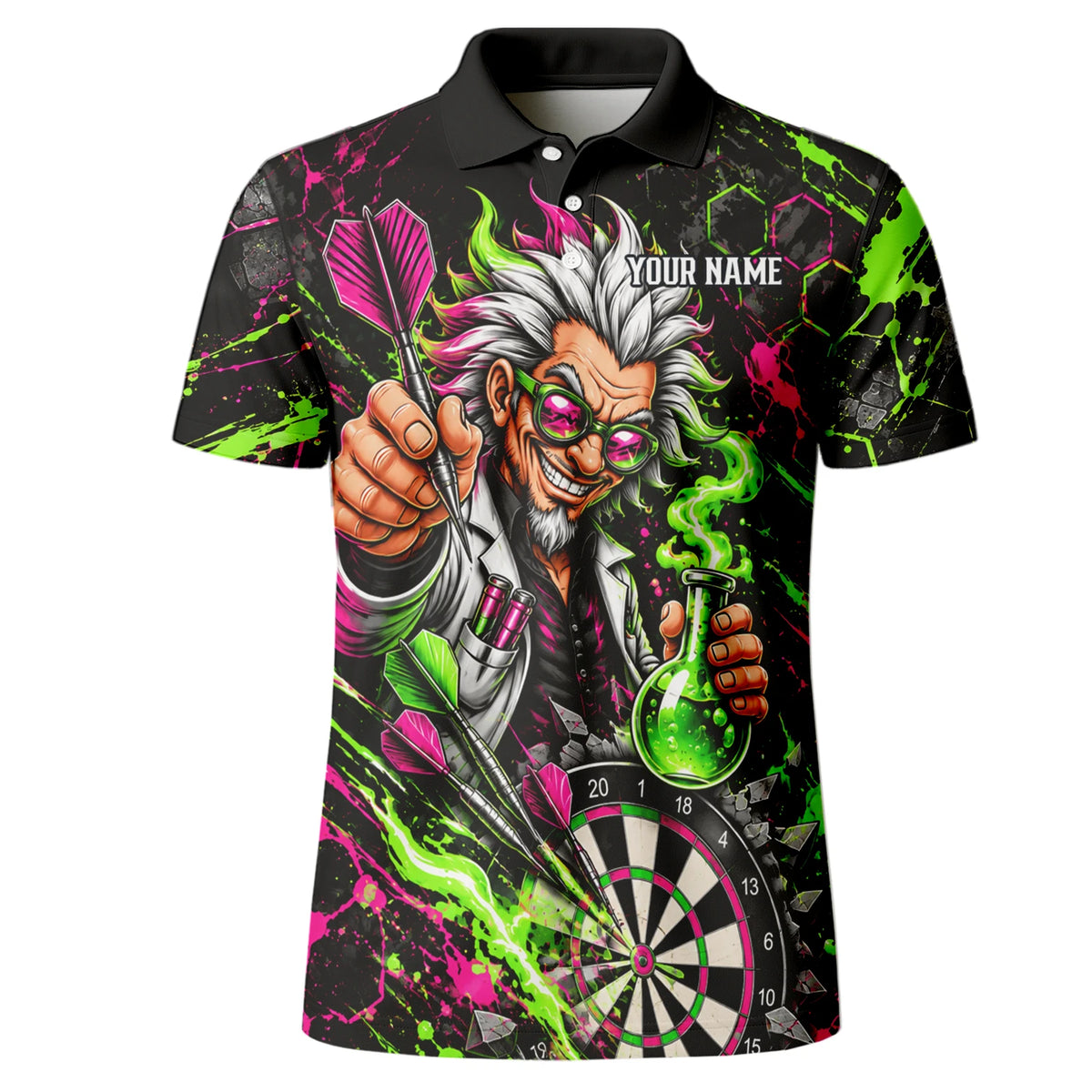Personalisiertes Dartshirt in Schwarz, Grün und Pink mit verrücktem Wissenschaftler und Dartscheibe für Herren F9179