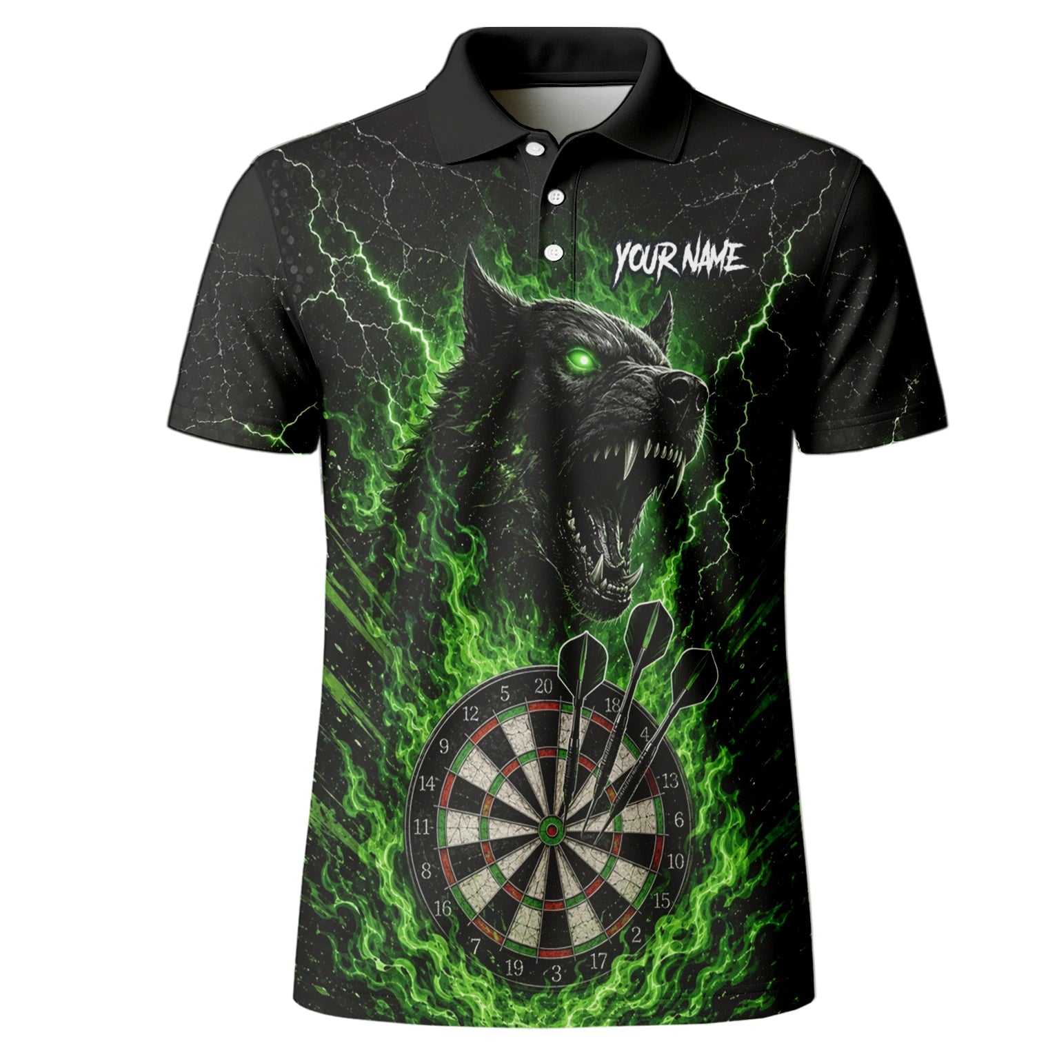 Personalisiertes Schwarz-grünes Wolf-Dartboard Dartshirt für Herren F303