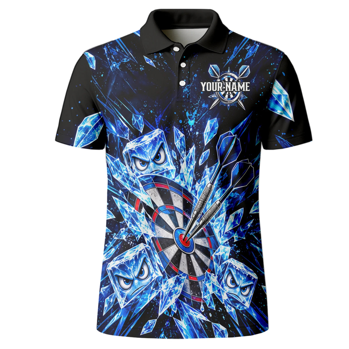 Personalisiertes Dartshirt in Schwarz und Blau mit Eiskristallen, Dartpfeilen und Dartscheibe für Herren X5114