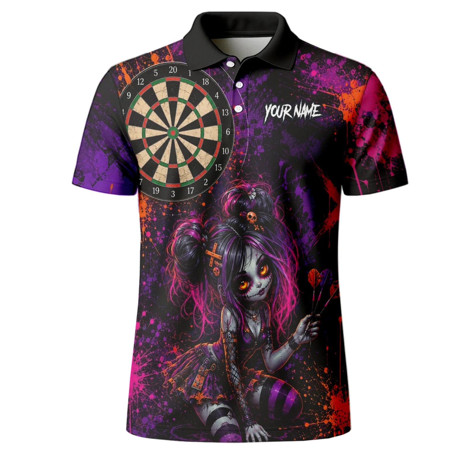 Personalisiertes Schwarz-lila-pink-oranges Gothic-Dartshirt für Herren Z641