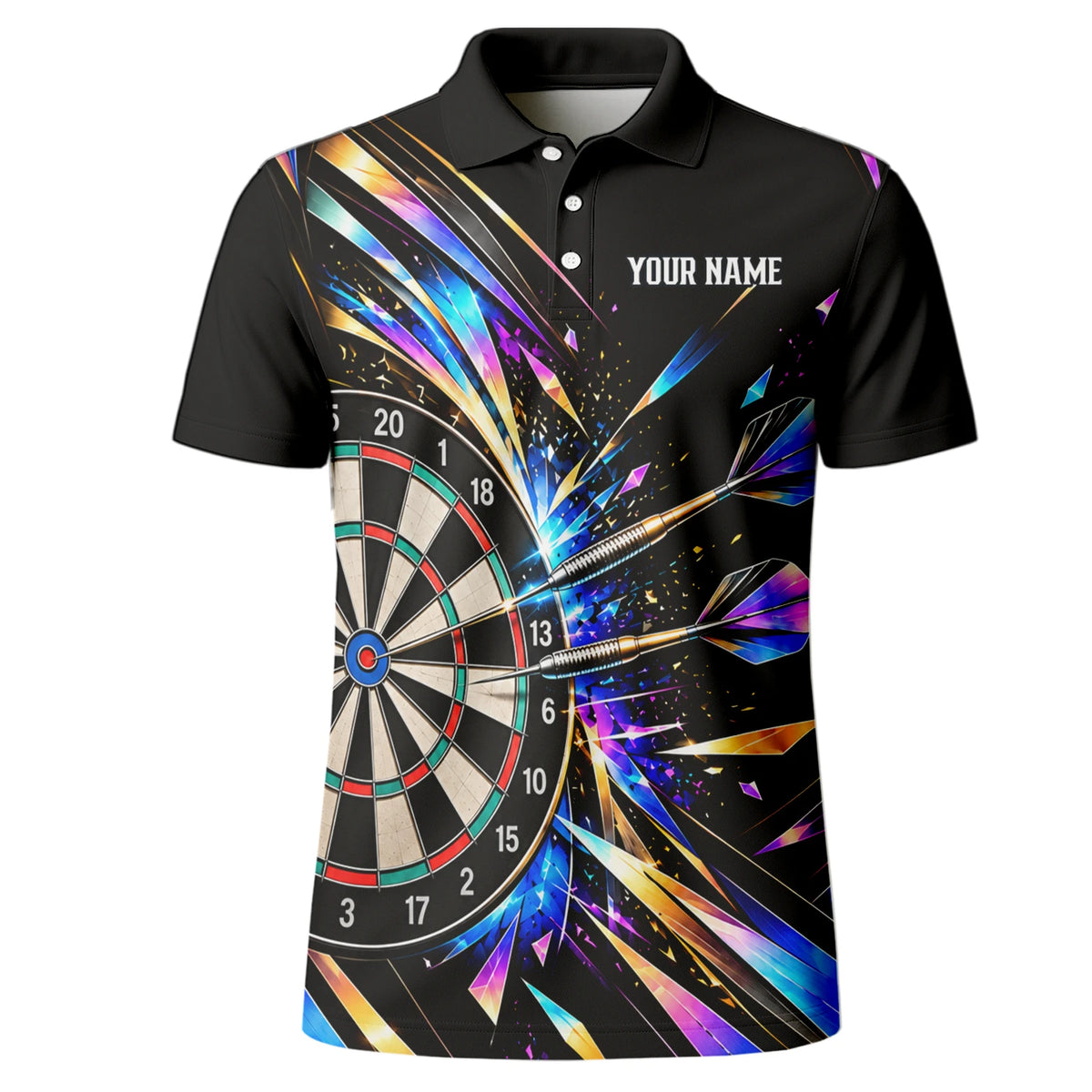 Personalisiertes Dartshirt in Schwarz mit bunten geometrischen Splittern und Dartscheibe für Herren L2897