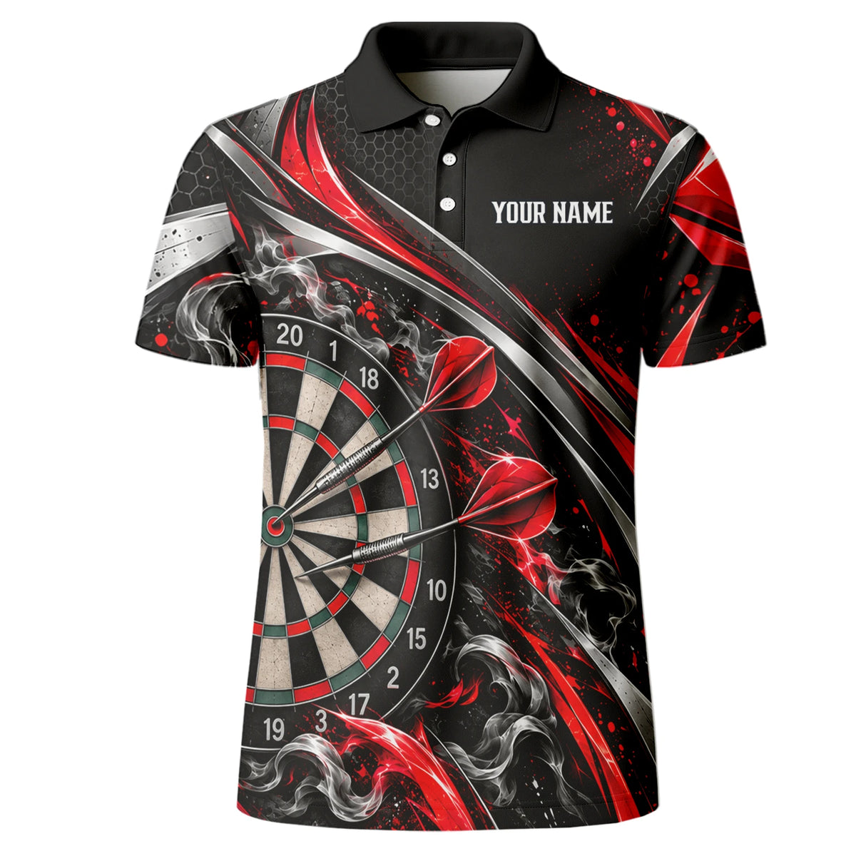 Personalisiertes Dartshirt in Schwarz, Rot und Silber mit geschwungenen Linien und Dartscheibe für Herren L9172
