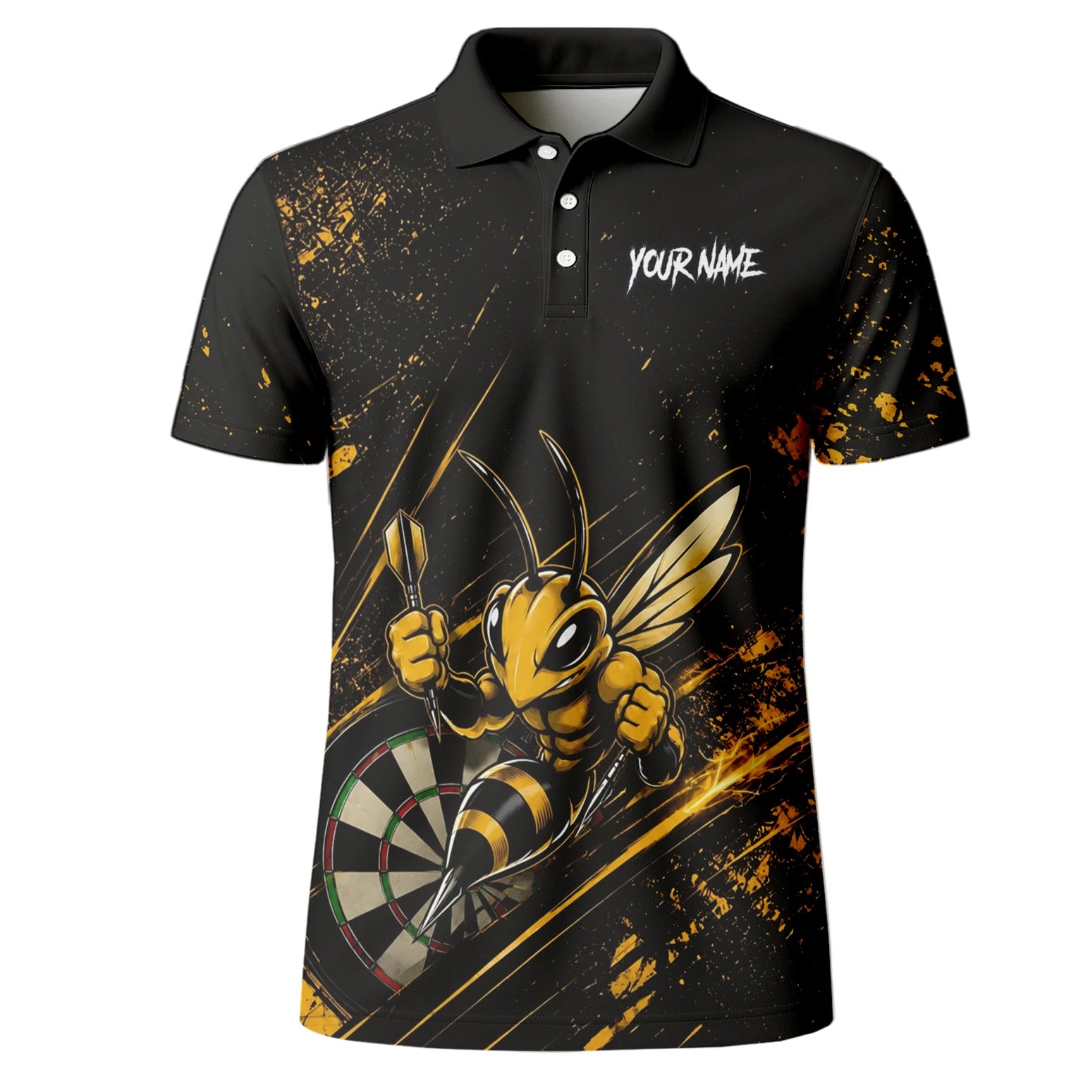 Personalisiertes Schwarz-goldenes Bienen-Dartboard Dartshirt für Herren L410