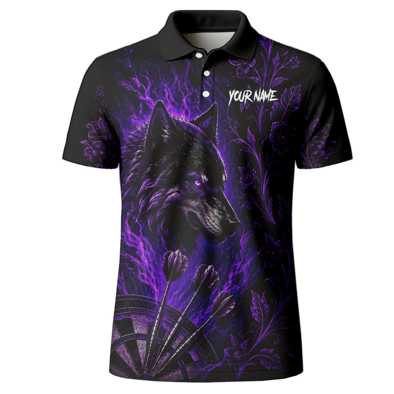 Personalisiertes Schwarz-lila Wolf-Dartboard Dartshirt für Herren J133