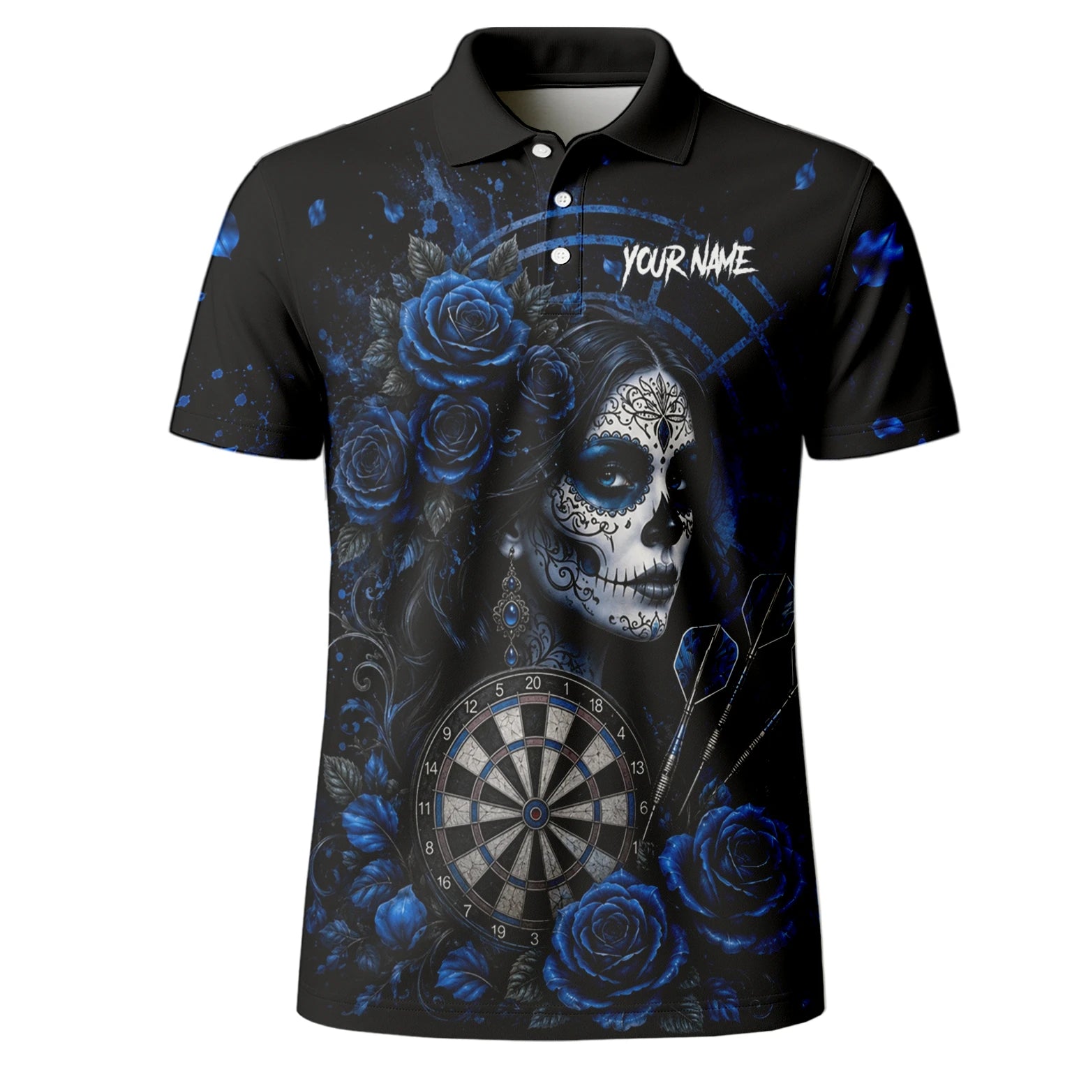 Personalisiertes Schwarz-blaues Sugar-Skull-Rosen-Dartshirt für Herren I884