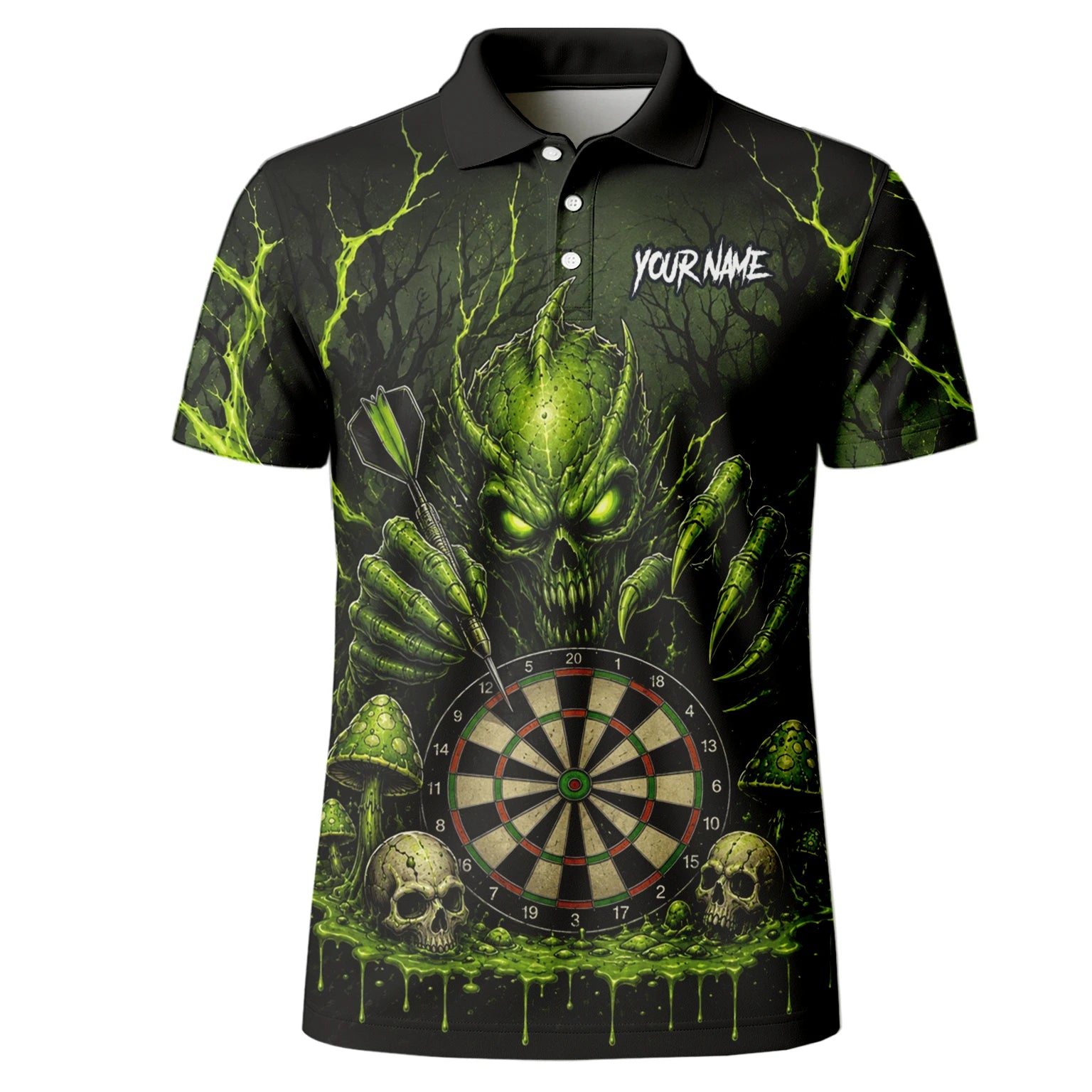 Personalisiertes Schwarz-grünes Monster-Totenkopf-Dartboard Dartshirt für Herren A277