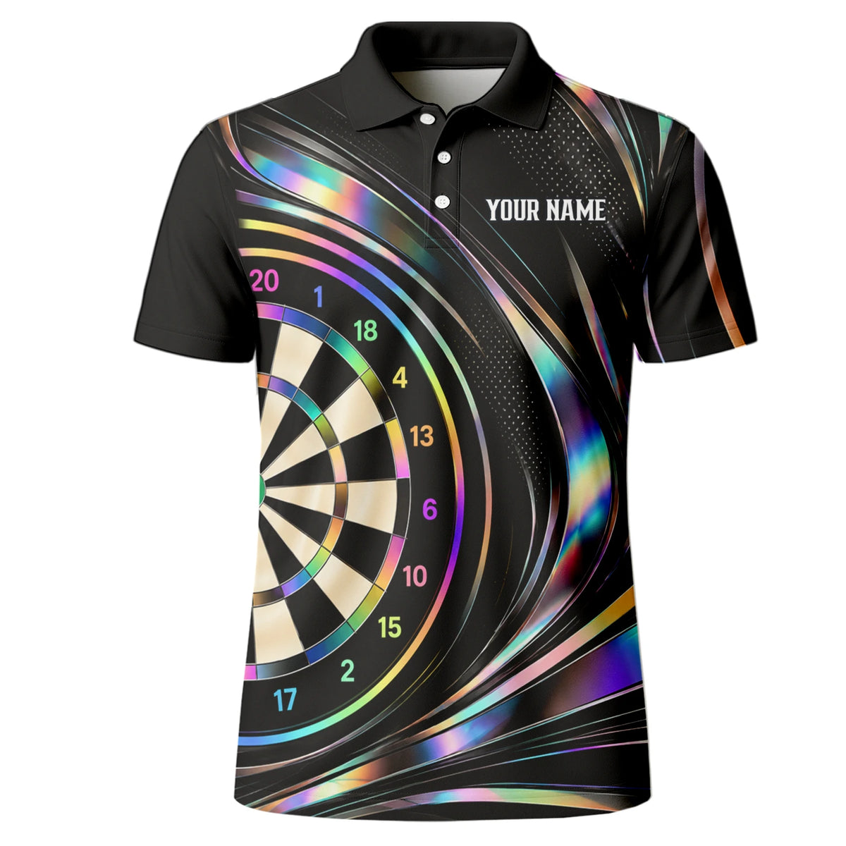 Personalisiertes Dartshirt in Schwarz mit regenbogenfarbenen Schwüngen und Dartscheibe für Herren Y5240
