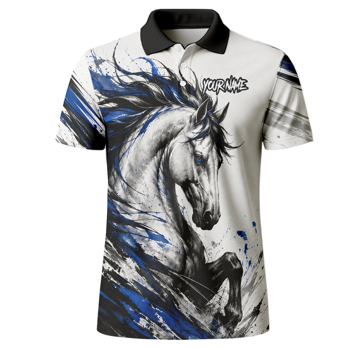 Personalisiertes Dartshirt mit weiß-schwarz-blauem steigenden Pferd für Herren O686