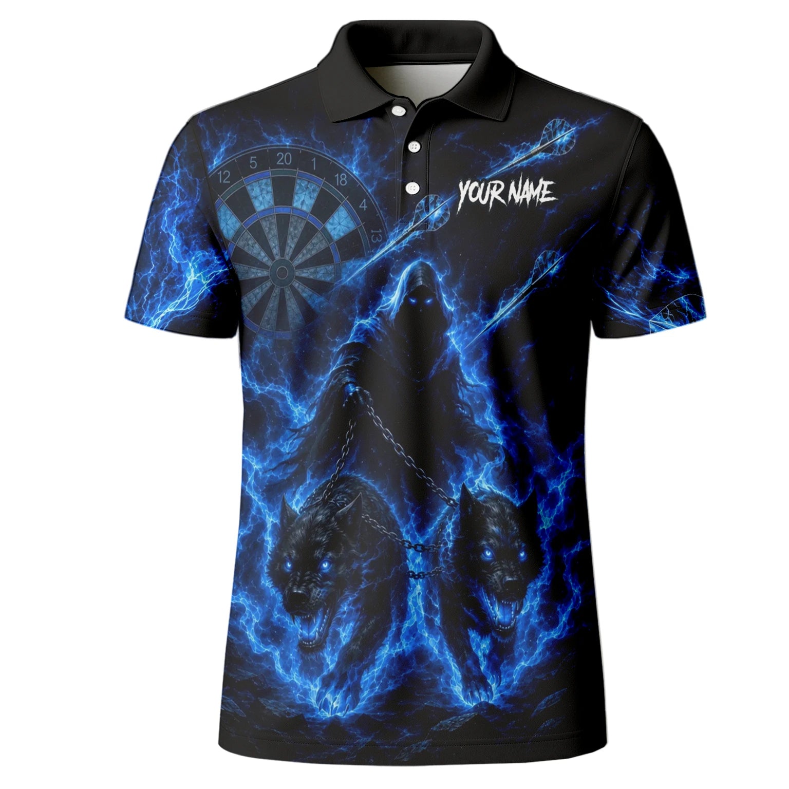Personalisiertes Schwarz-blaues Sensenmann-und-Wölfe-Dartshirt für Herren X871