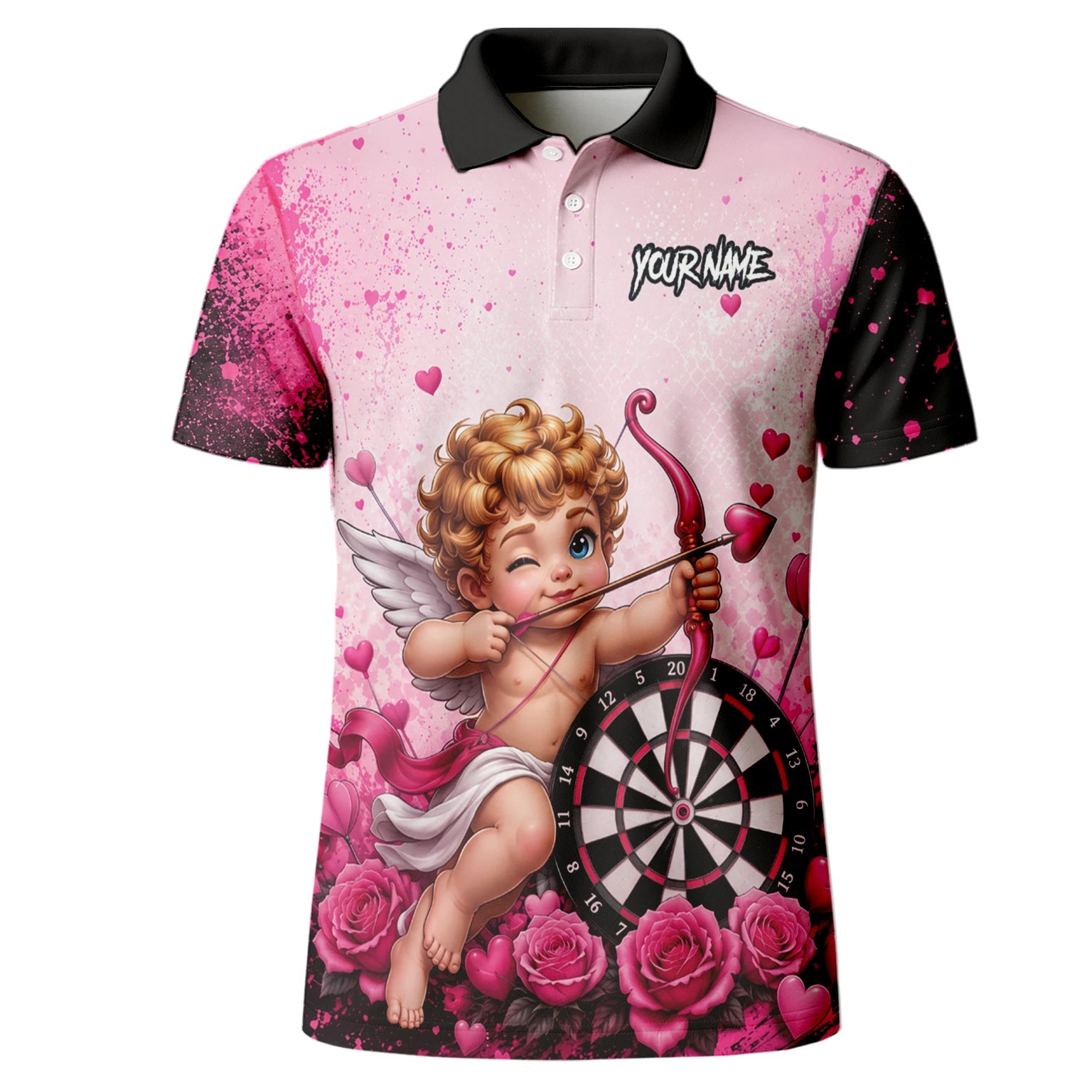 Personalisiertes Pink-schwarzes Amor-Dartboard Dartshirt für Herren I643