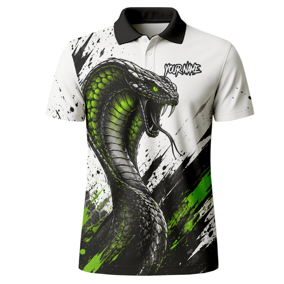 Personalisiertes Dartshirt mit weiß-schwarz-grüner Kobra für Herren Y070