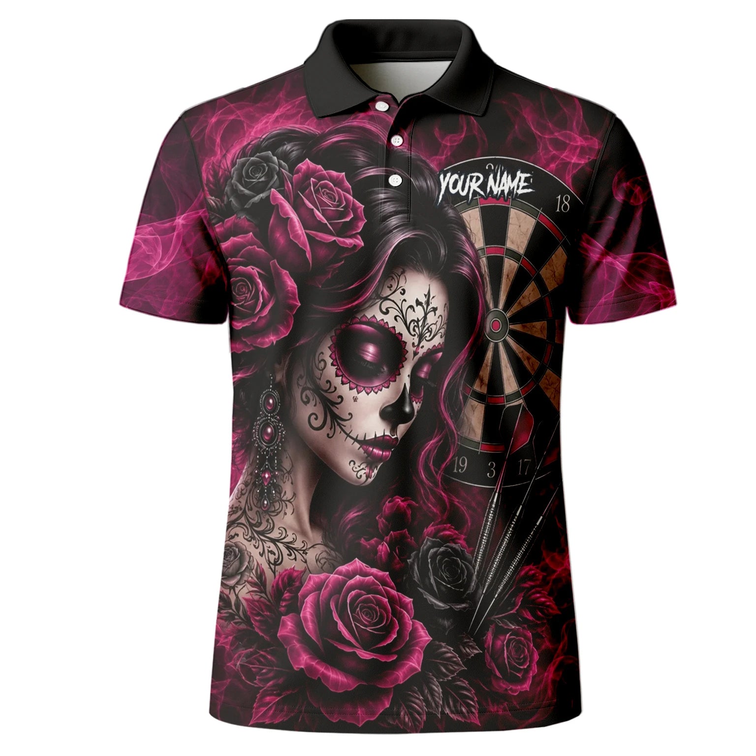 Personalisiertes Schwarz-pink Sugar-Skull-Rosen-Dartshirt für Herren Z109