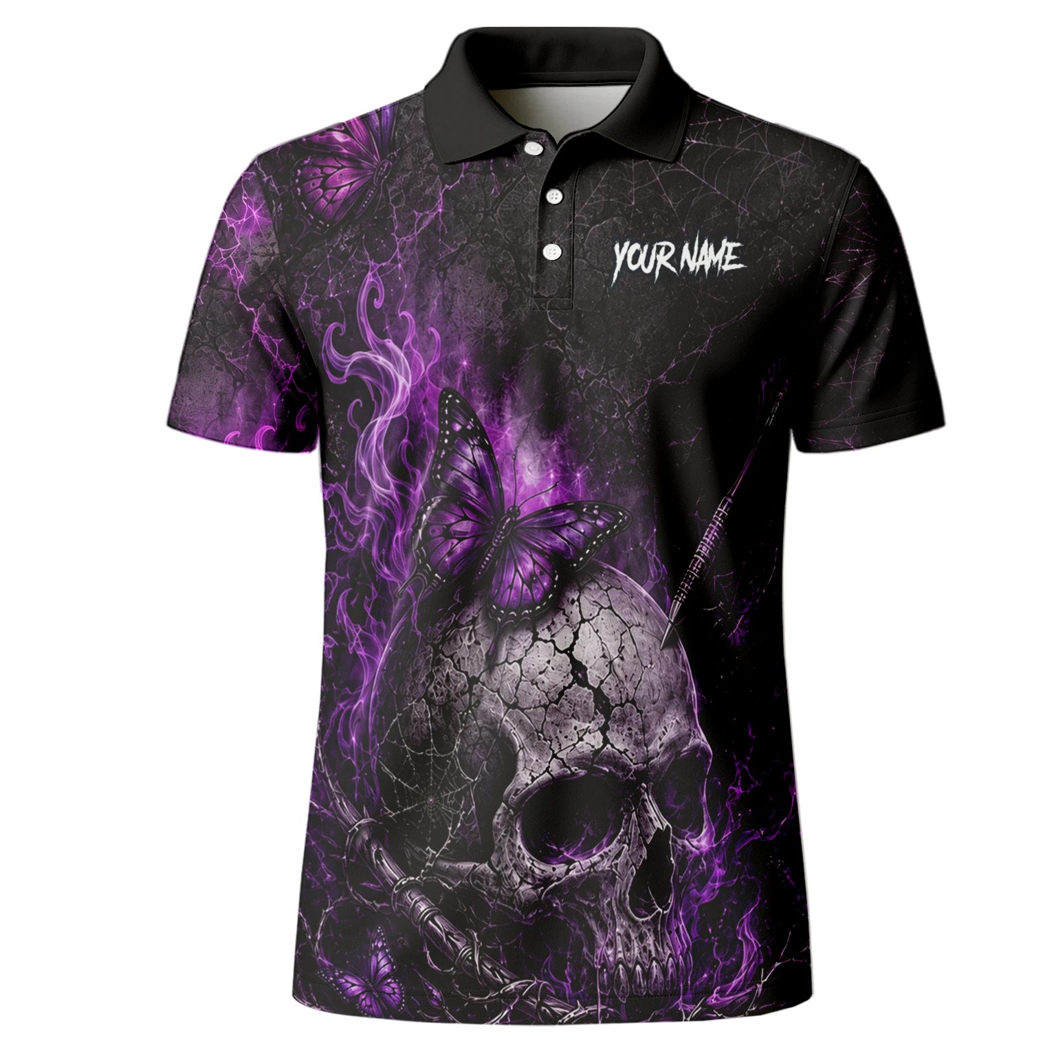 Personalisiertes Schwarz-lila Totenkopf-Schmetterling-Dartshirt für Herren Q241