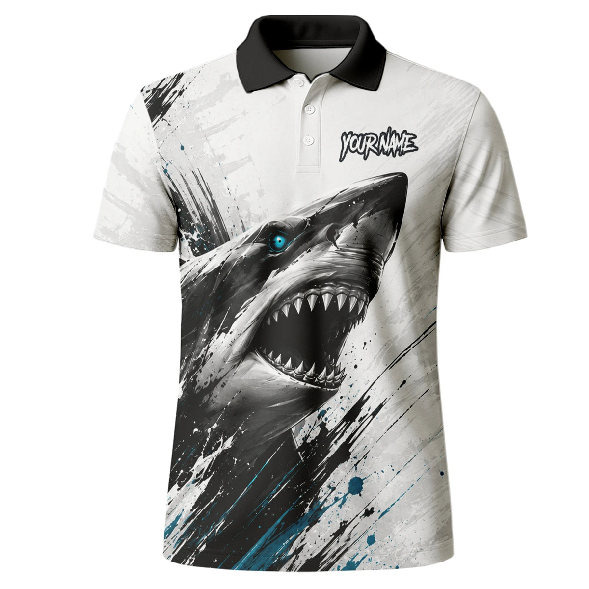 Personalisiertes Dartshirt mit weiß-schwarz-türkisem Hai für Herren D067