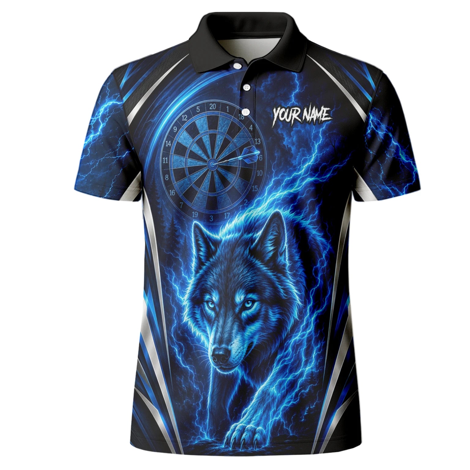 Personalisiertes Schwarz-blaues Wolf-Blitz-Dartshirt für Herren X929
