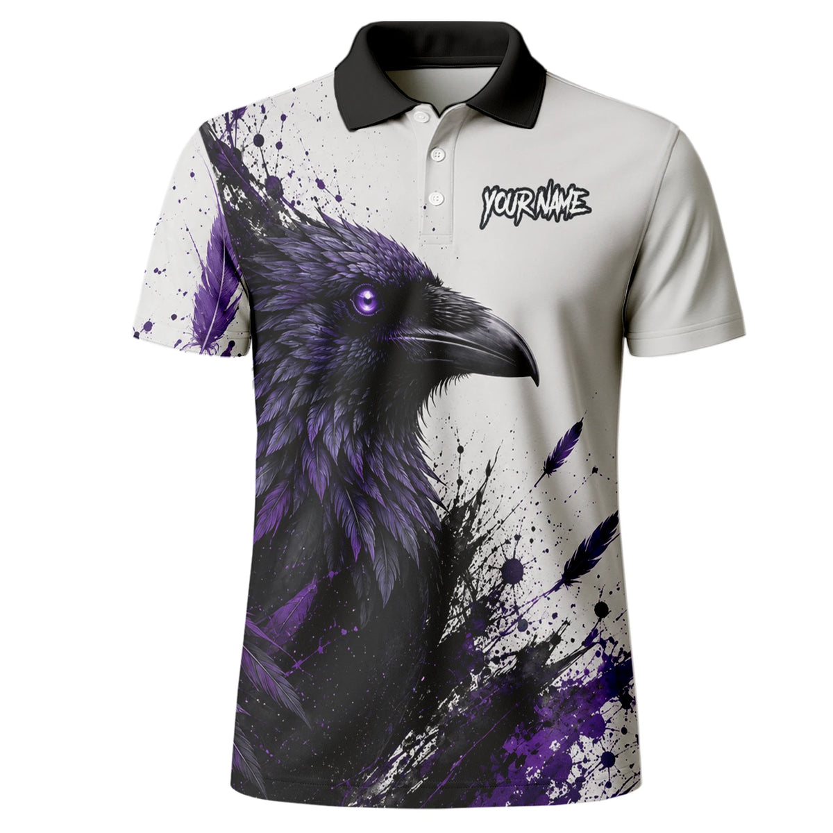 Personalisiertes Dartshirt mit weiß-schwarz-violettem Raben für Herren Z888