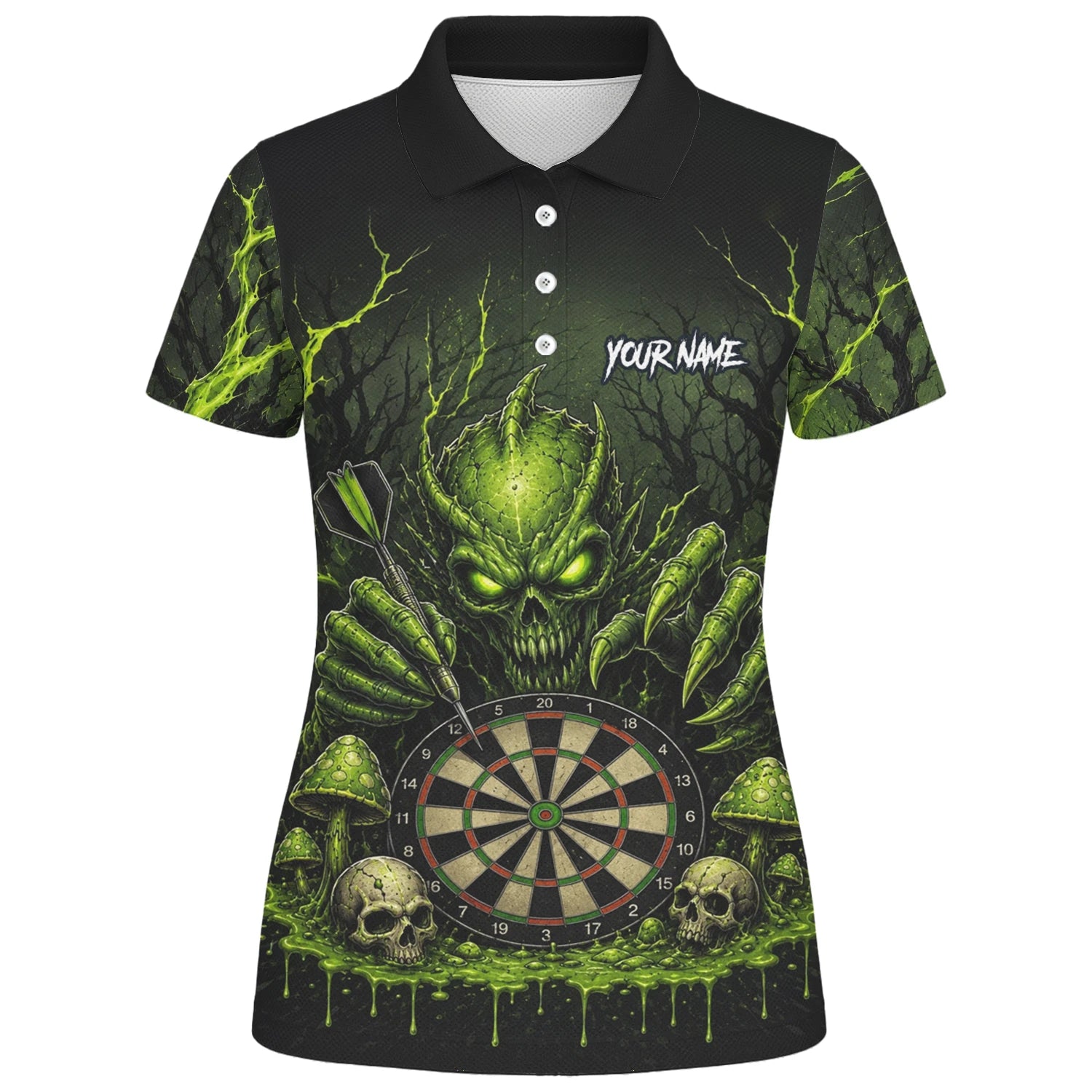 Personalisiertes Schwarz-grünes Monster-Totenkopf-Dartboard Dartshirt für Damen A277