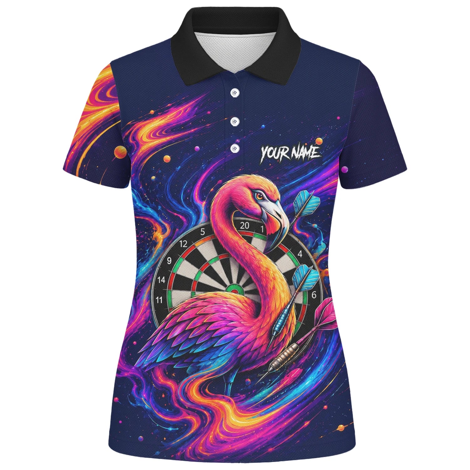 Personalisiertes Neon-Flamingo-Galaxie Dart Poloshirt für Damen D064