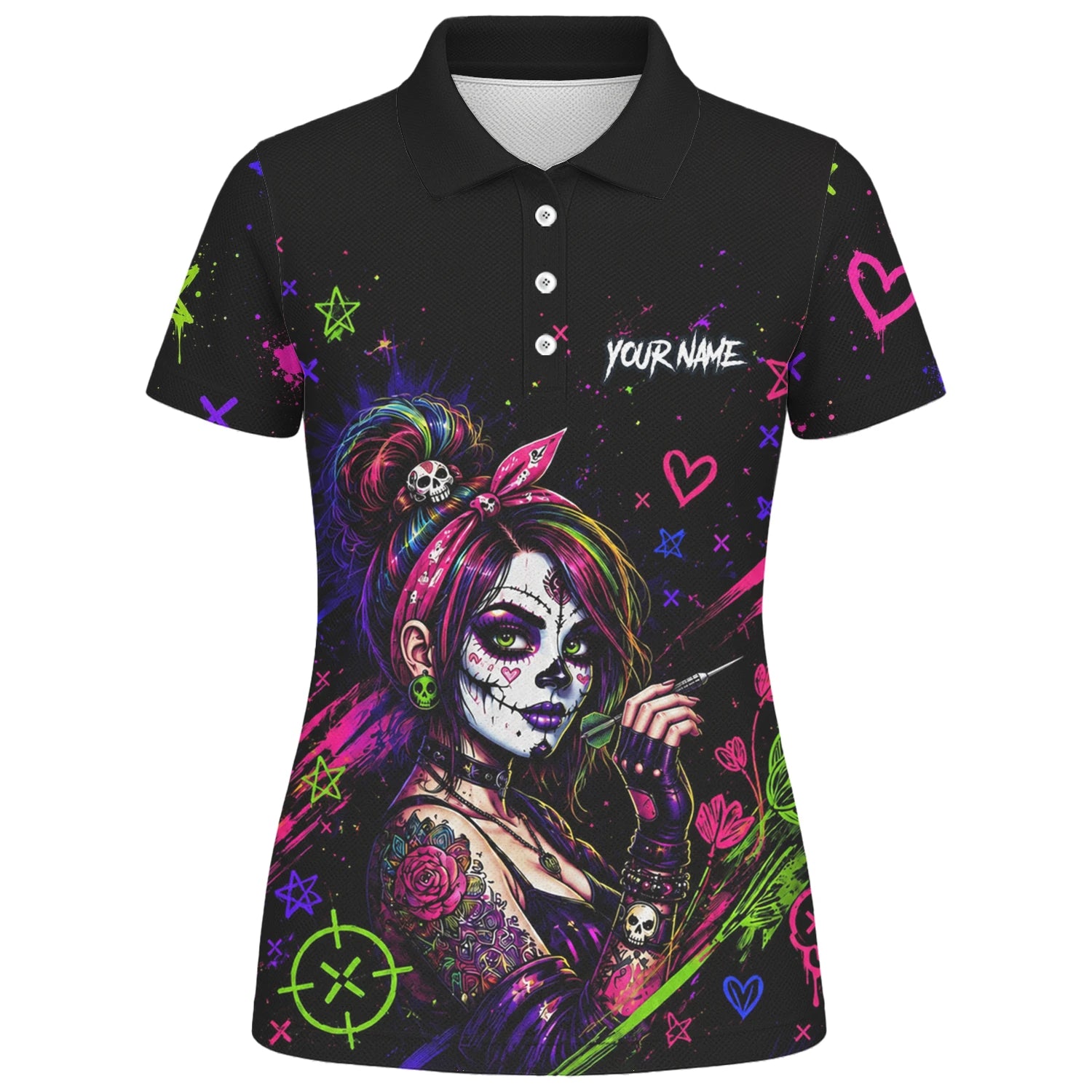 Personalisiertes Schwarz-neonfarbenes Sugar-Skull-Frauen-Dartshirt für Damen K745