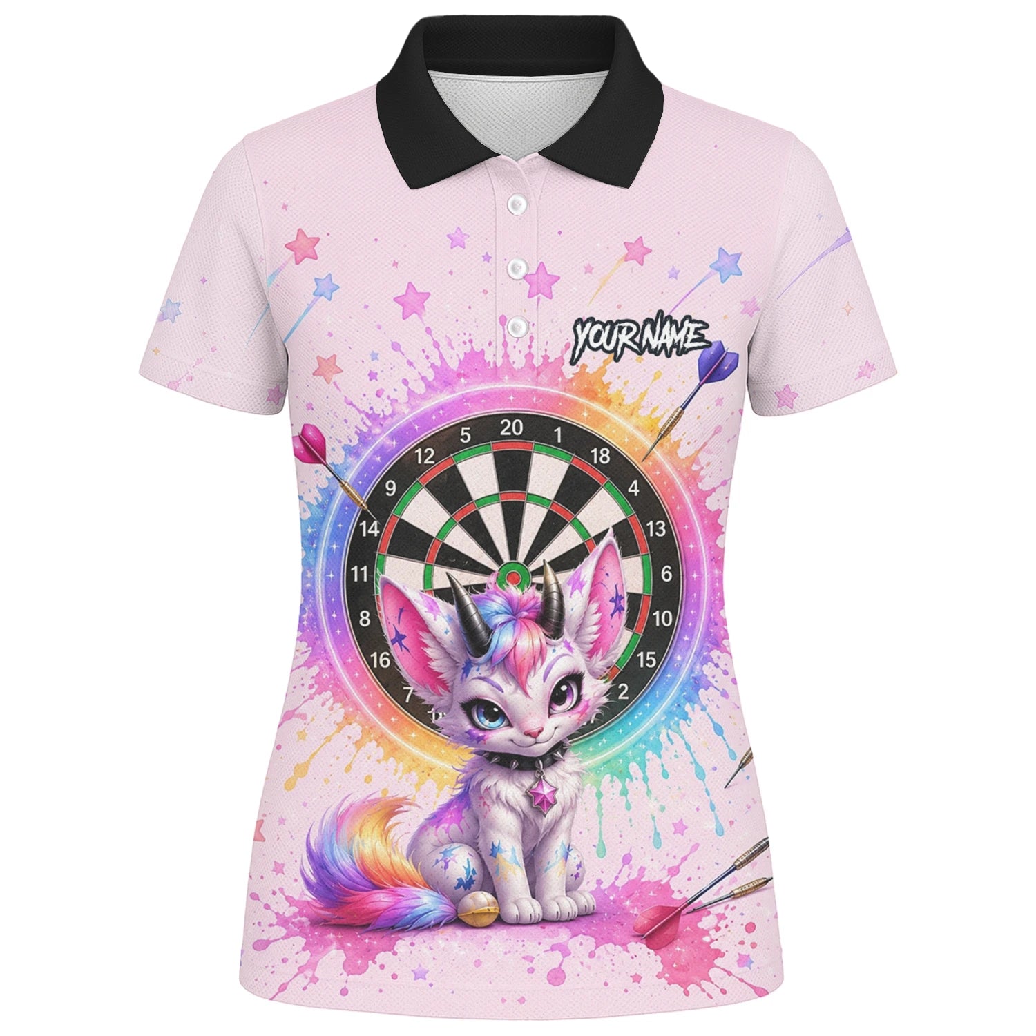Personalisiertes Rosa Regenbogen Einhorn-Katzen-Dartshirt für Damen X398