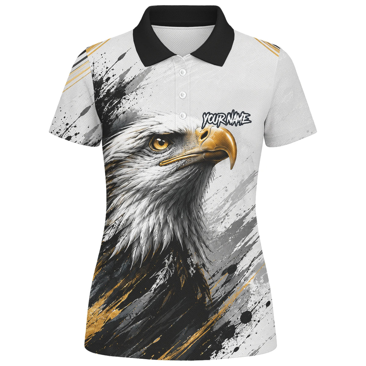 Personalisiertes Dartshirt mit weiß-schwarz-goldenem Weißkopfseeadler für Damen S805
