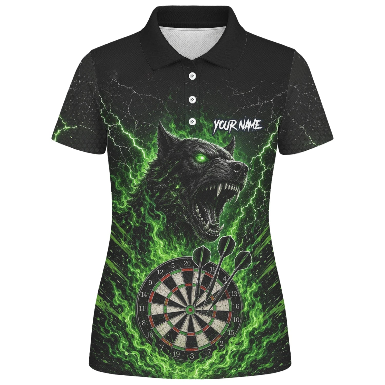 Personalisiertes Schwarz-grünes Wolf-Dartboard Dartshirt für Damen F303