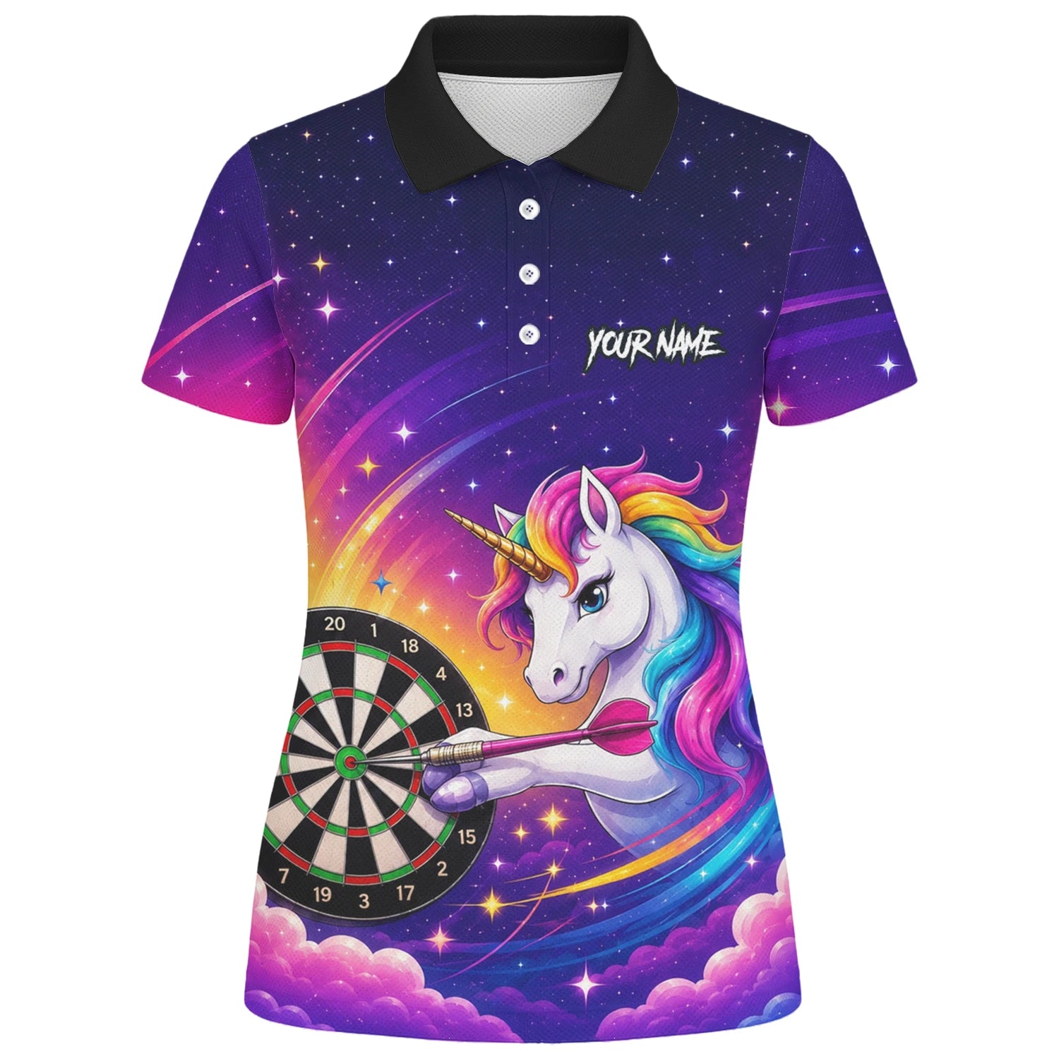 Personalisiertes Violettes Regenbogen-Einhorn-Dartshirt für Damen P431