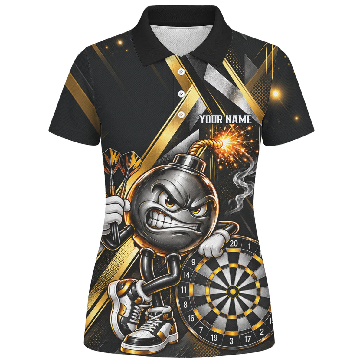 Personalisiertes Dartshirt in Schwarz und Gold mit wütender Comic-Bombe, Pokal und Dartscheibe für Damen R0150