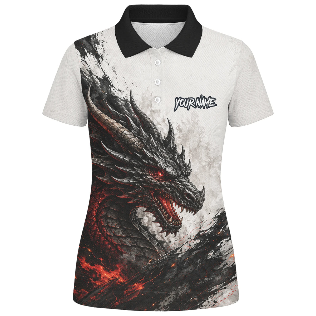Personalisiertes Dartshirt mit weiß-schwarz-rotem Drachen für Damen Z061