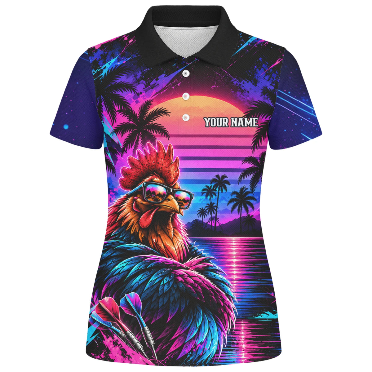 Personalisiertes Dartshirt in Pink, Lila und Blau mit Hahn, Palmen, Sonnenuntergang und Dartscheibe für Damen Q6611