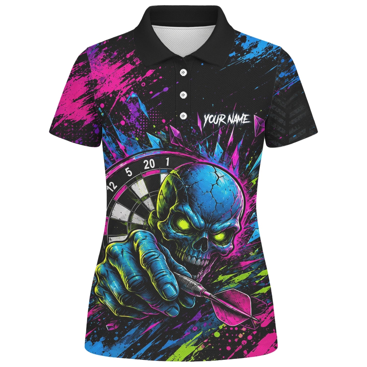 Personalisiertes Neonfarbenes Totenkopf-Dartboard Dartshirt für Damen S232