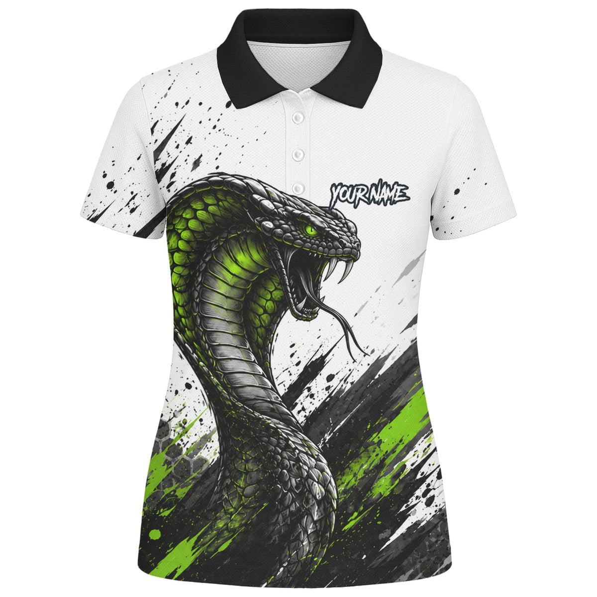 Personalisiertes Dartshirt mit weiß-schwarz-grüner Kobra für Damen Y070
