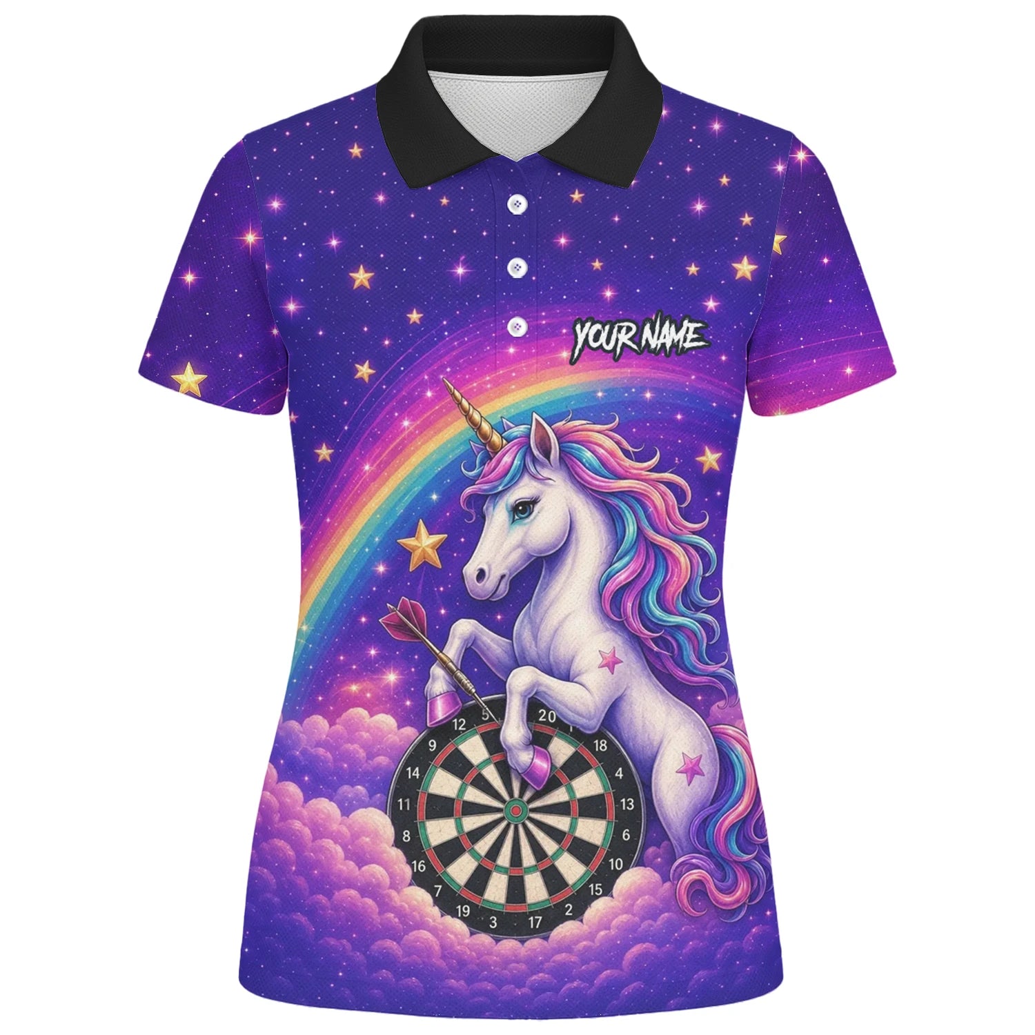 Personalisiertes Regenbogen-Einhorn Dart Poloshirt für Damen V221